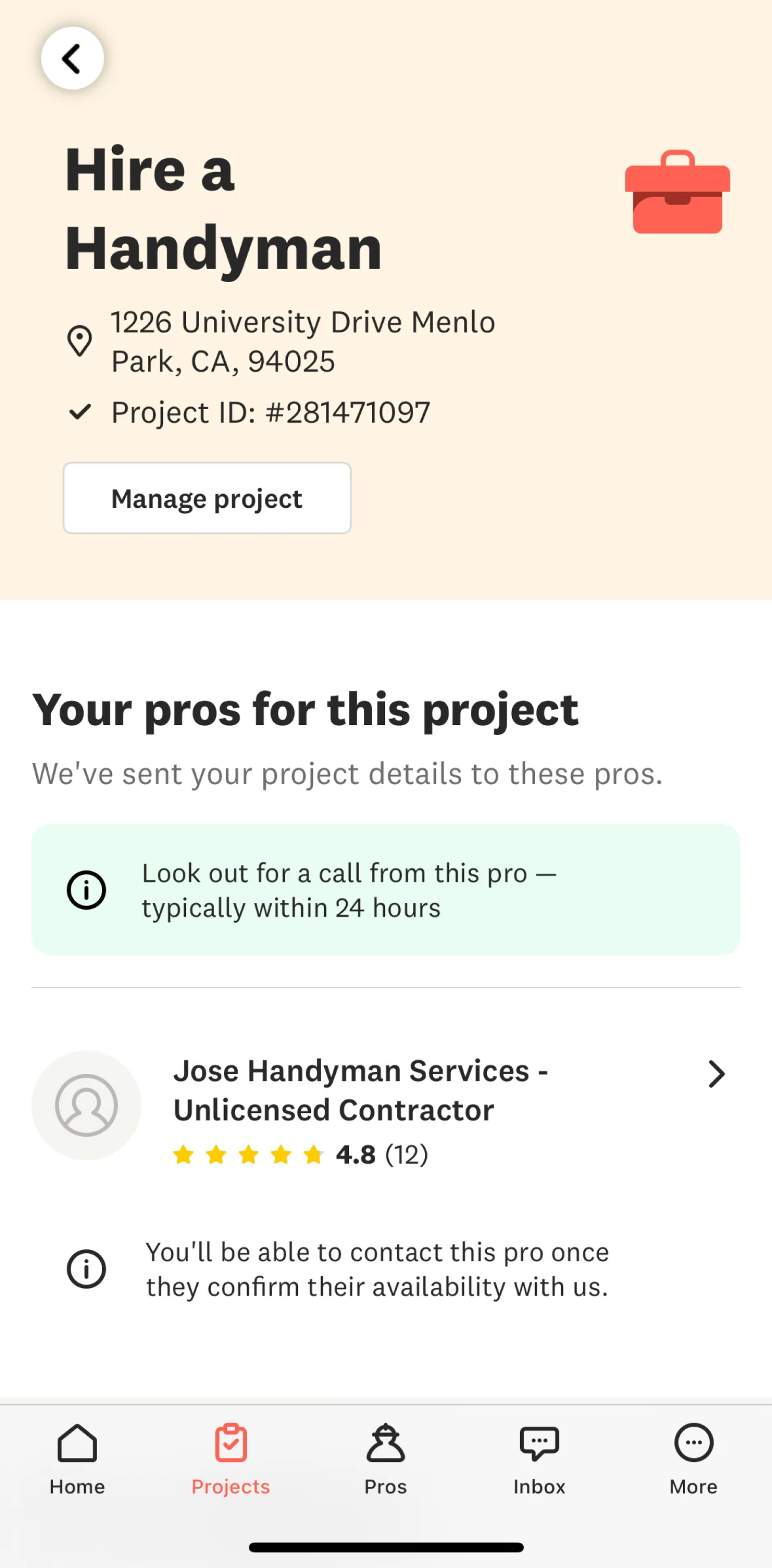 Angi Screen screen in the Pro detail flow