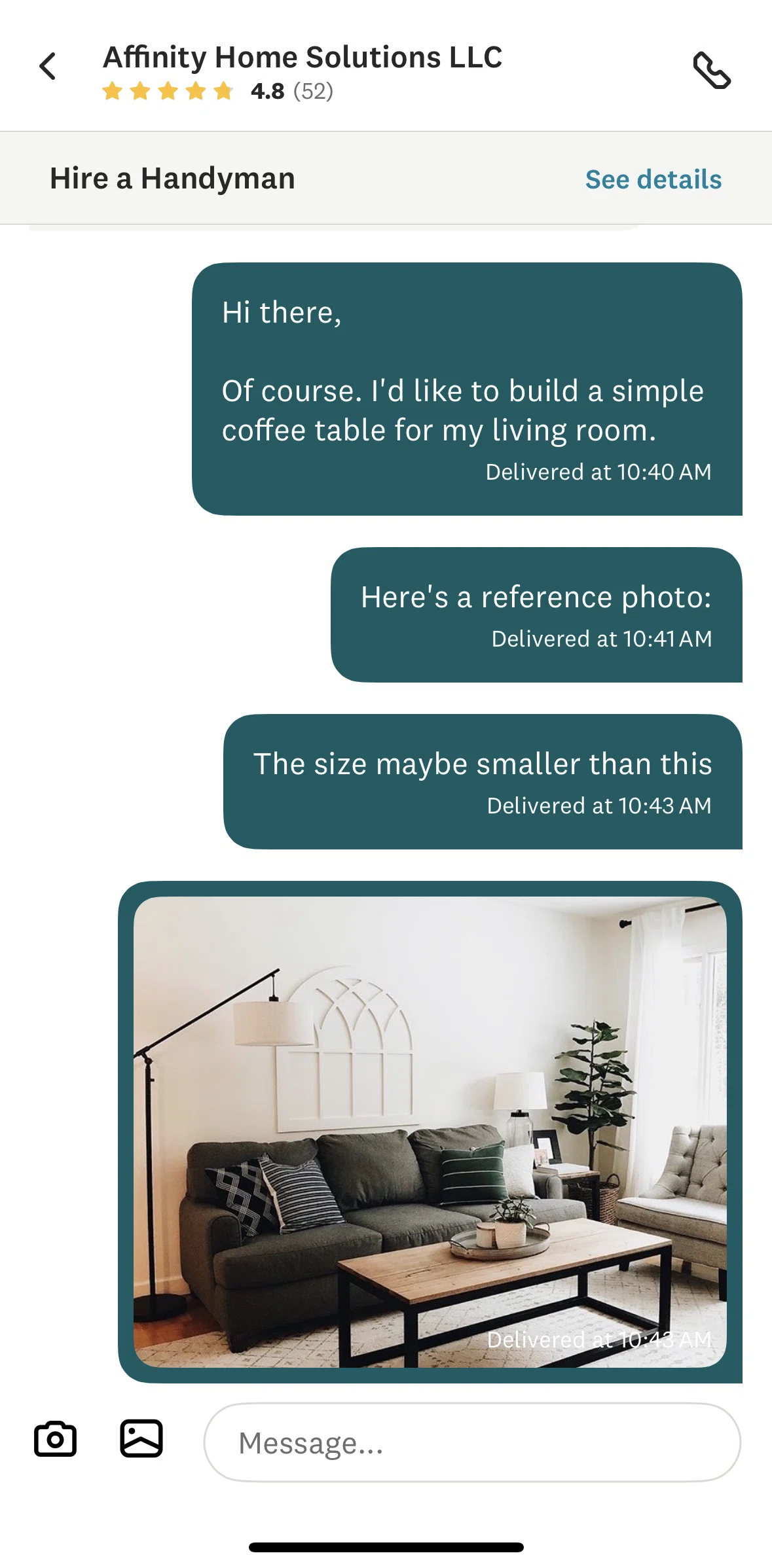 Angi Screen screen in the Rating a messaging feature flow