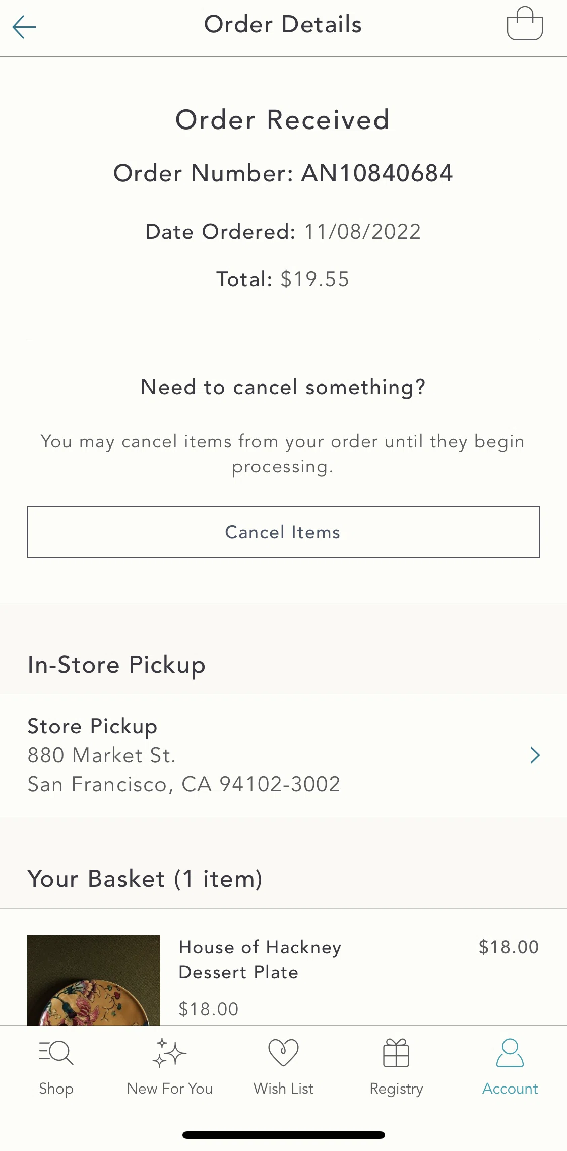 Anthropologie Screen screen in the Cancelling an order flow