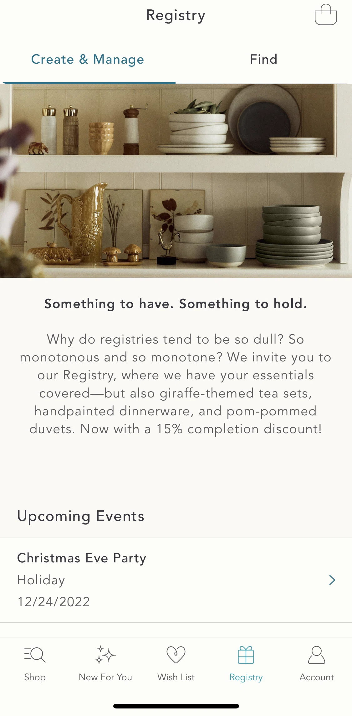 Anthropologie Screen screen in the Finding a registry flow