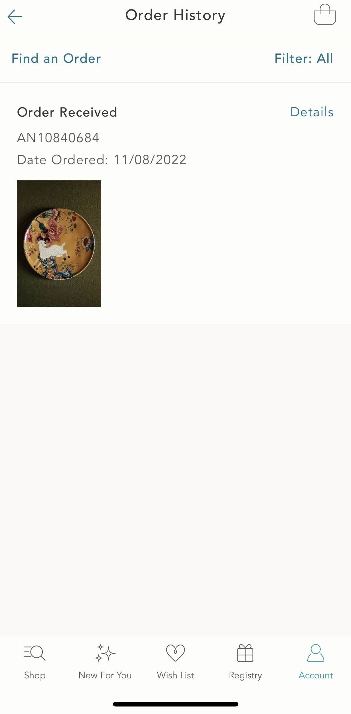 Anthropologie Screen screen in the Finding an order flow