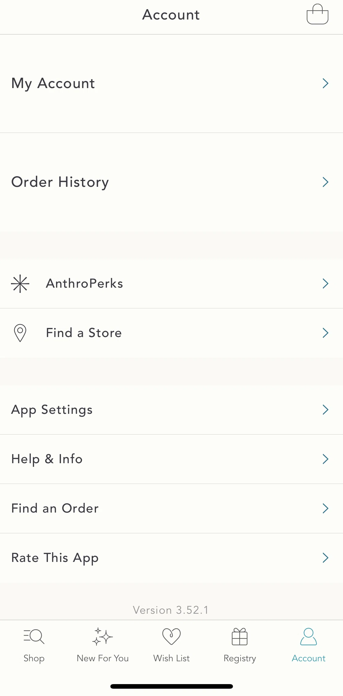 Anthropologie Screen screen in the My account flow