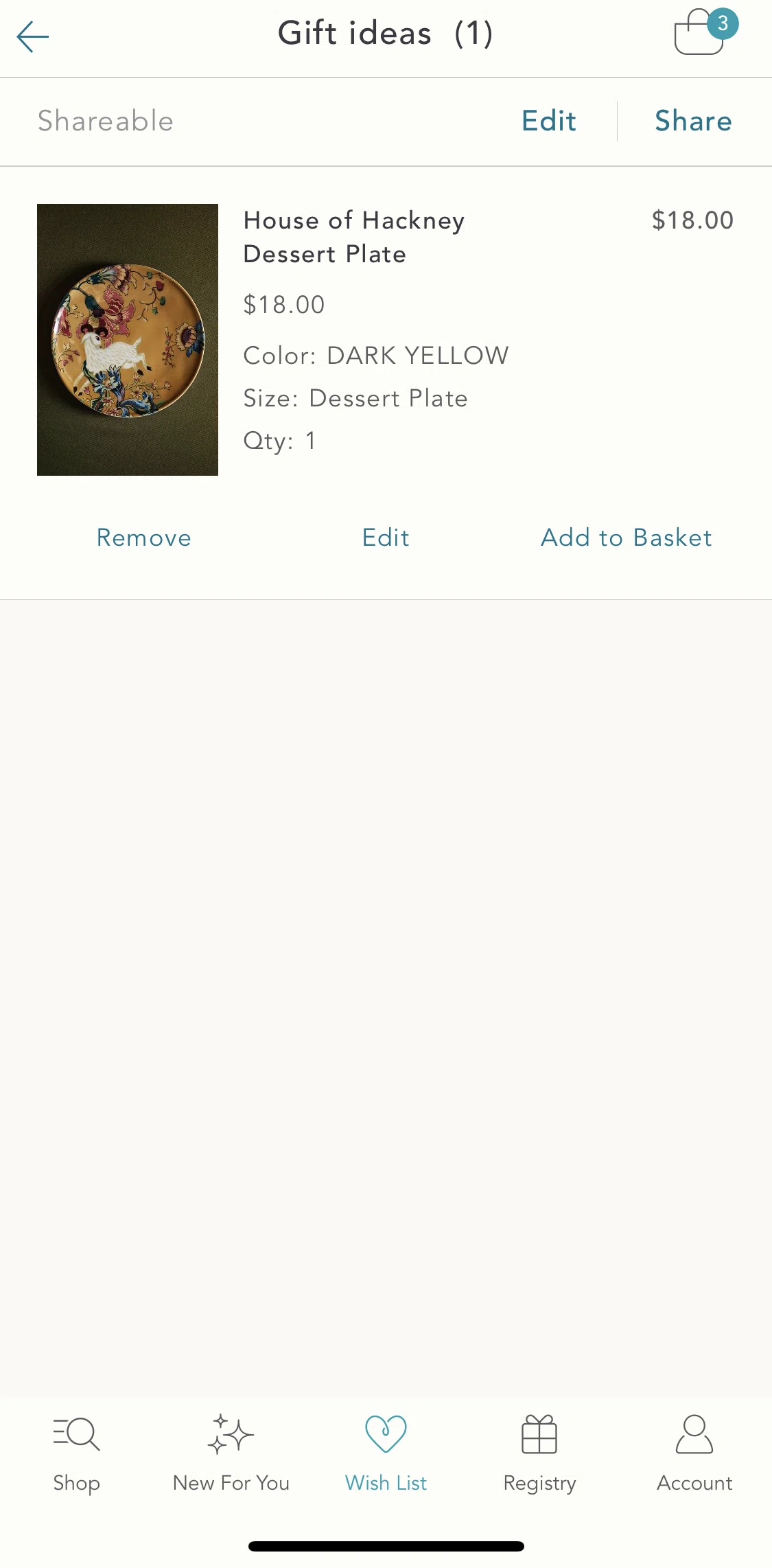 Anthropologie Screen screen in the Removing an item from wishlist flow