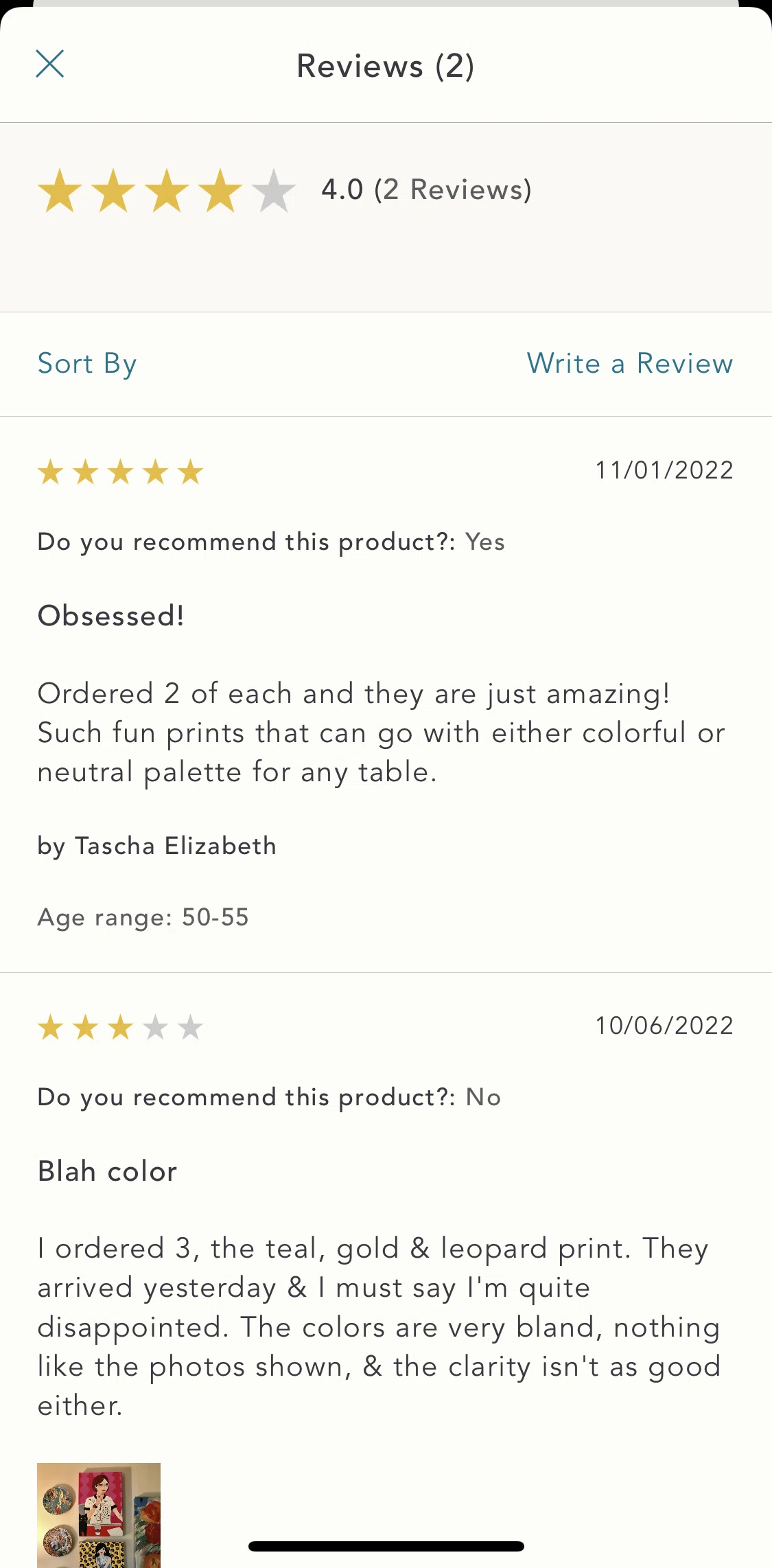 Anthropologie Screen screen in the Sorting reviews flow