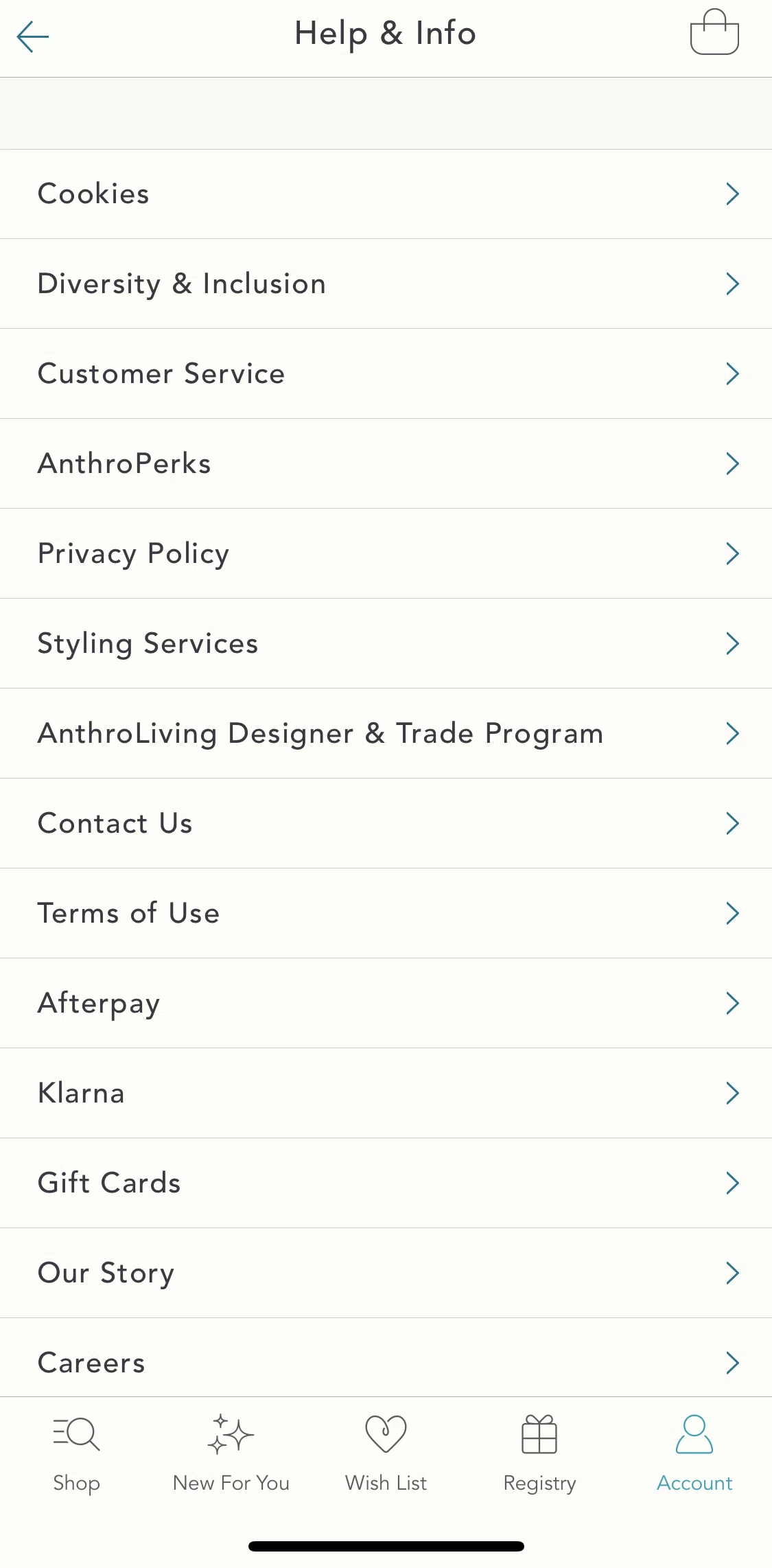 Anthropologie Screen screen in the Terms of use flow