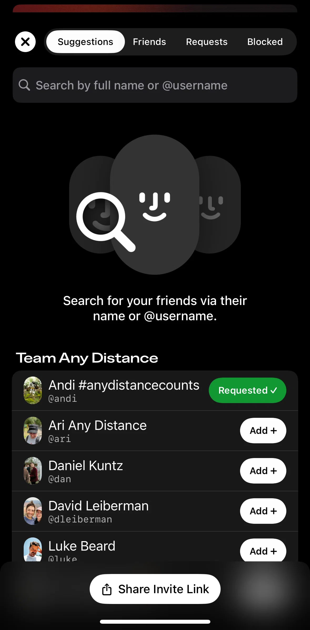 Any Distance Screen screen in the Searching a user flow