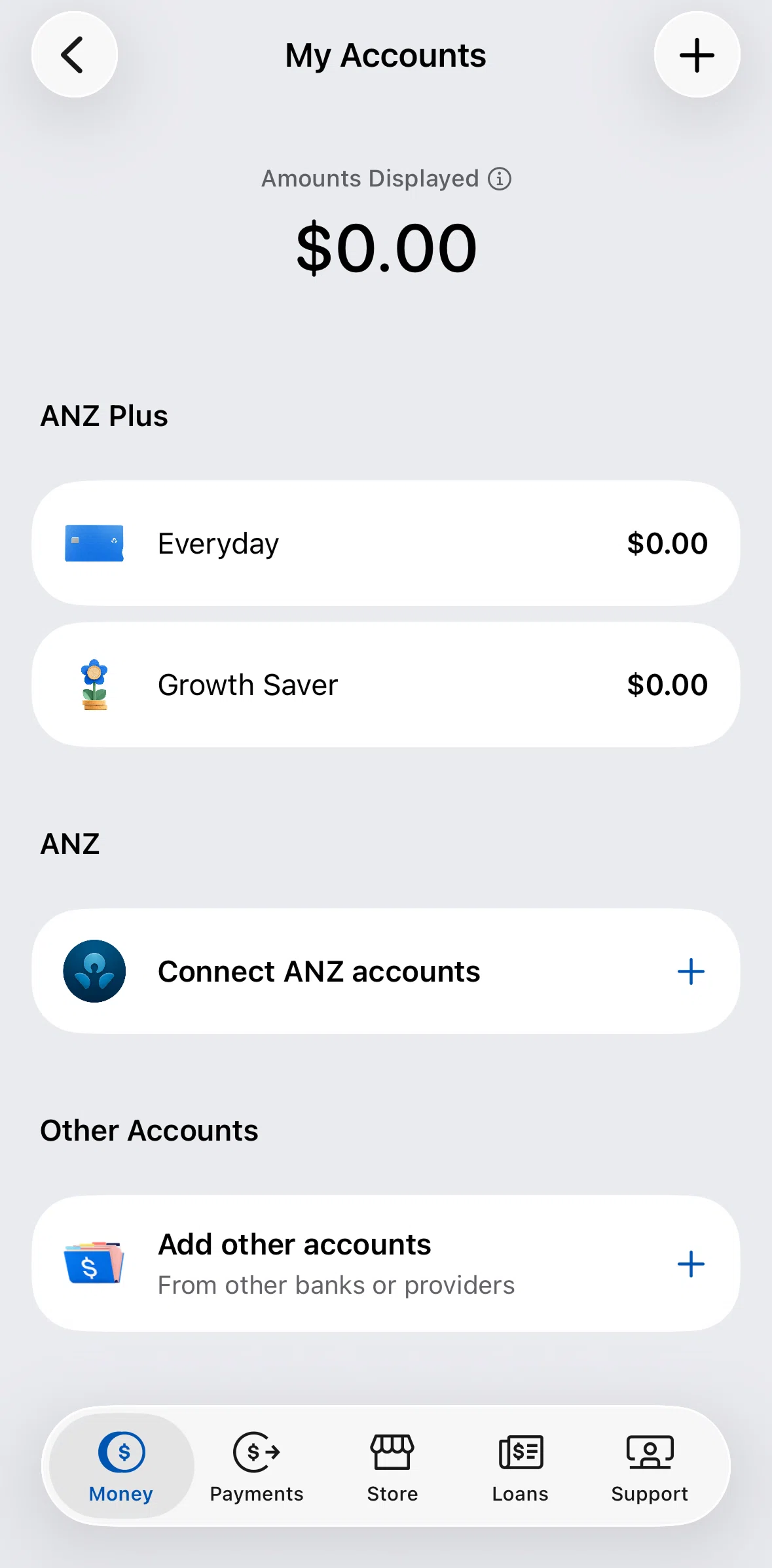 ANZ Plus Screen screen in the Adding an account flow
