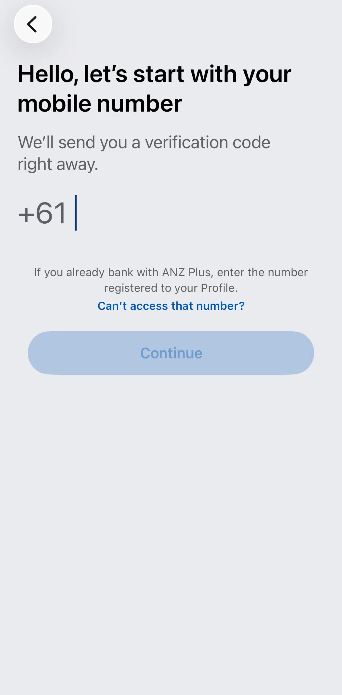 ANZ Plus Screen screen in the Can't access number flow