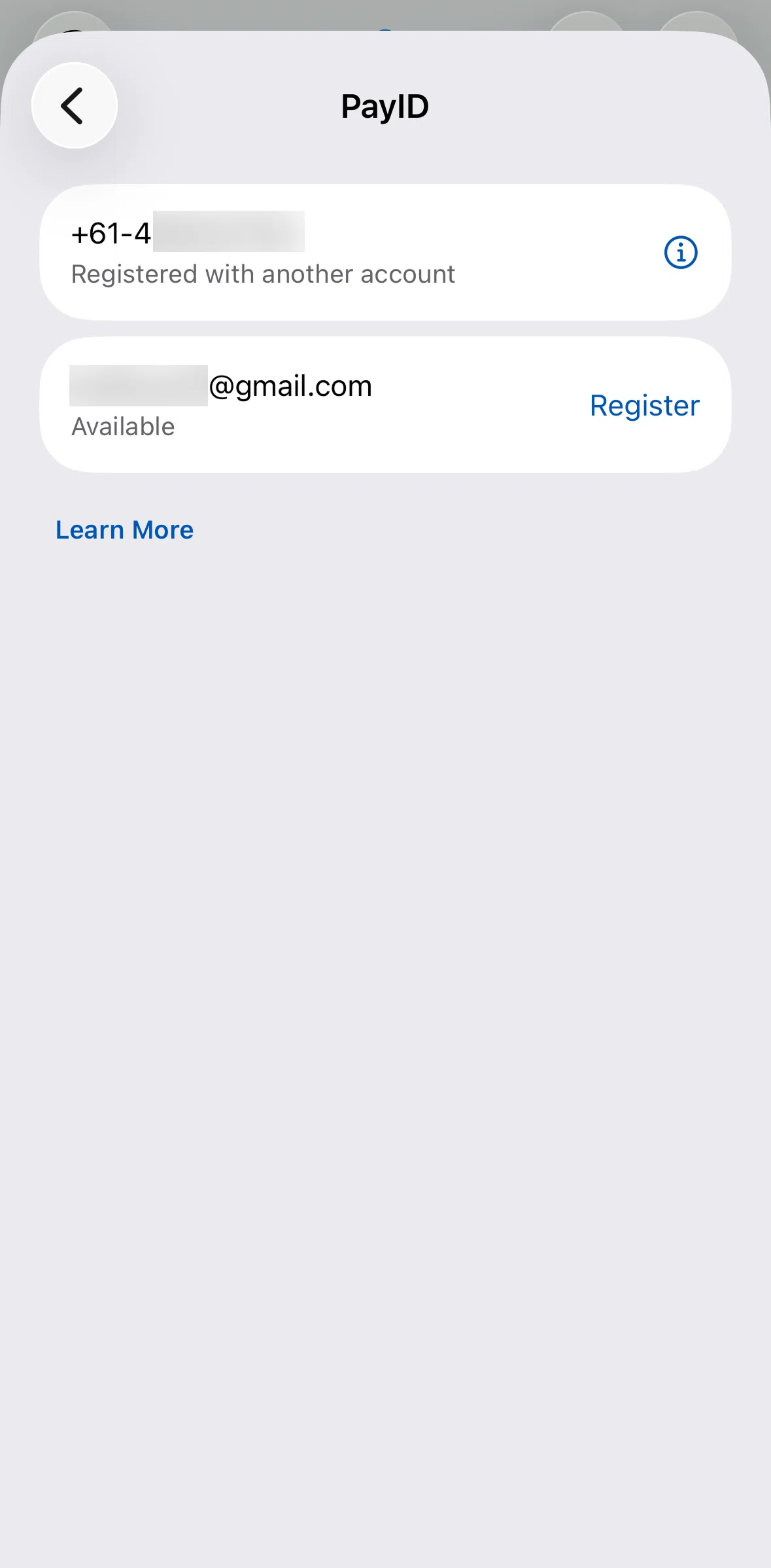 ANZ Plus Screen screen in the PayID information flow