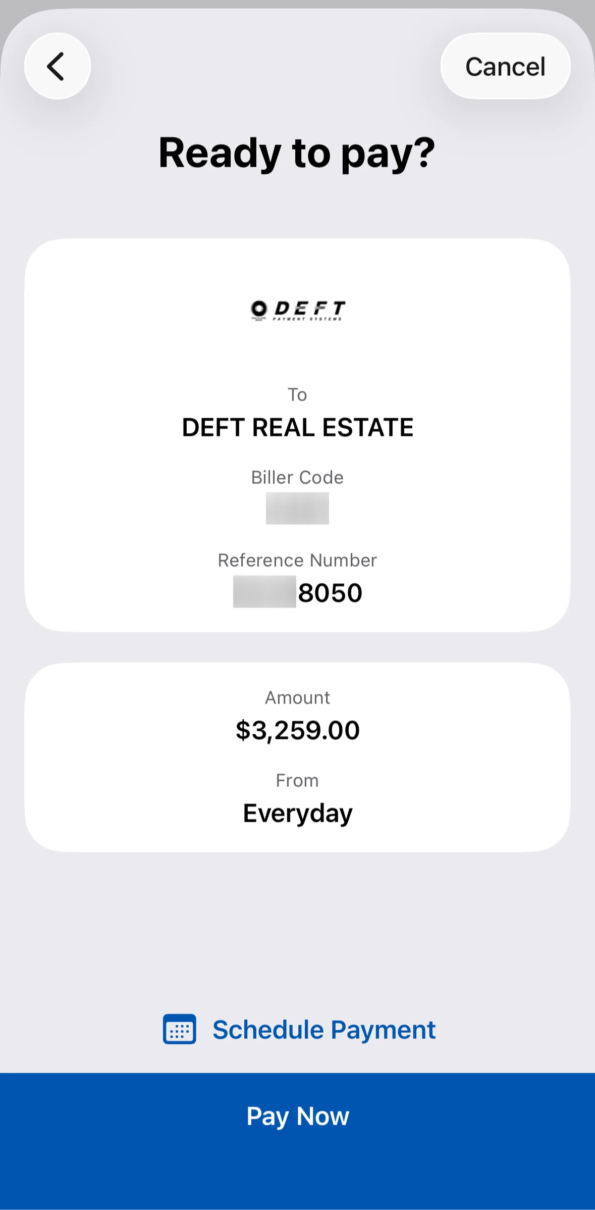 ANZ Plus Screen screen in the Scheduling a payment flow
