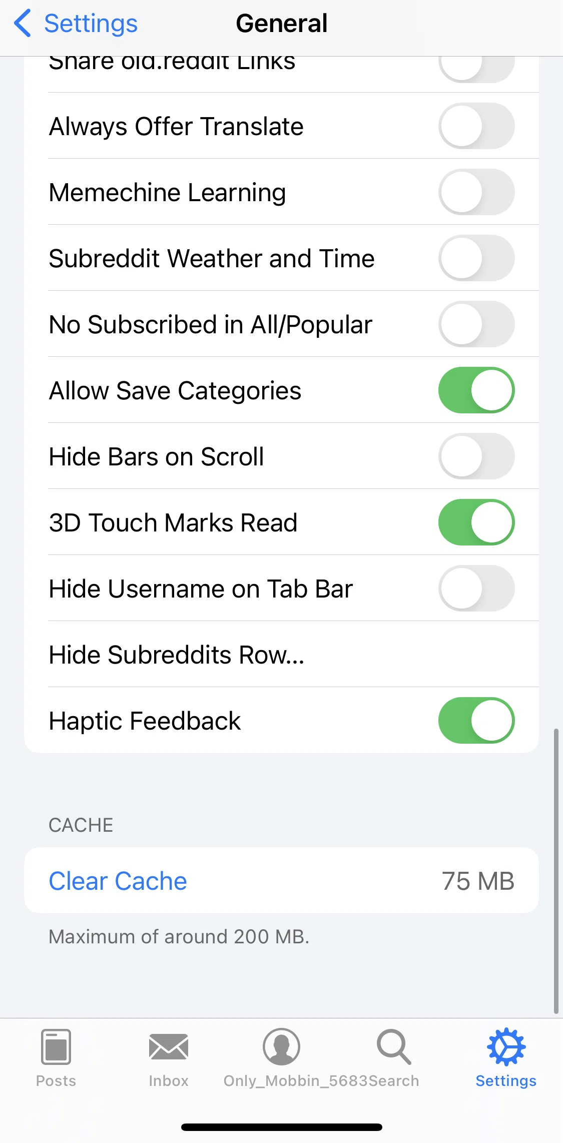 Apollo for Reddit Screen screen in the Clearing cache flow