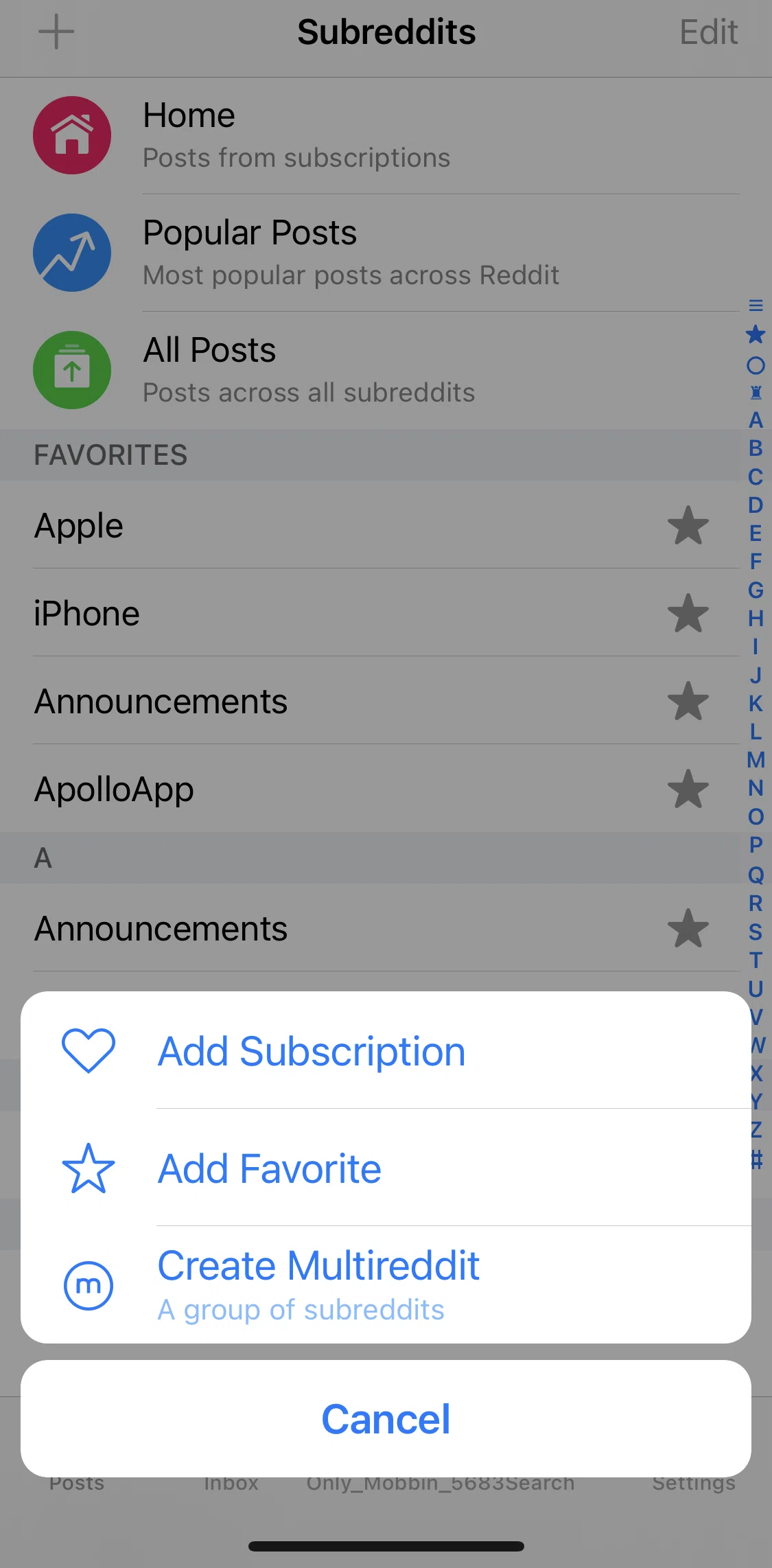 Apollo for Reddit Screen screen in the Creating multireddit flow