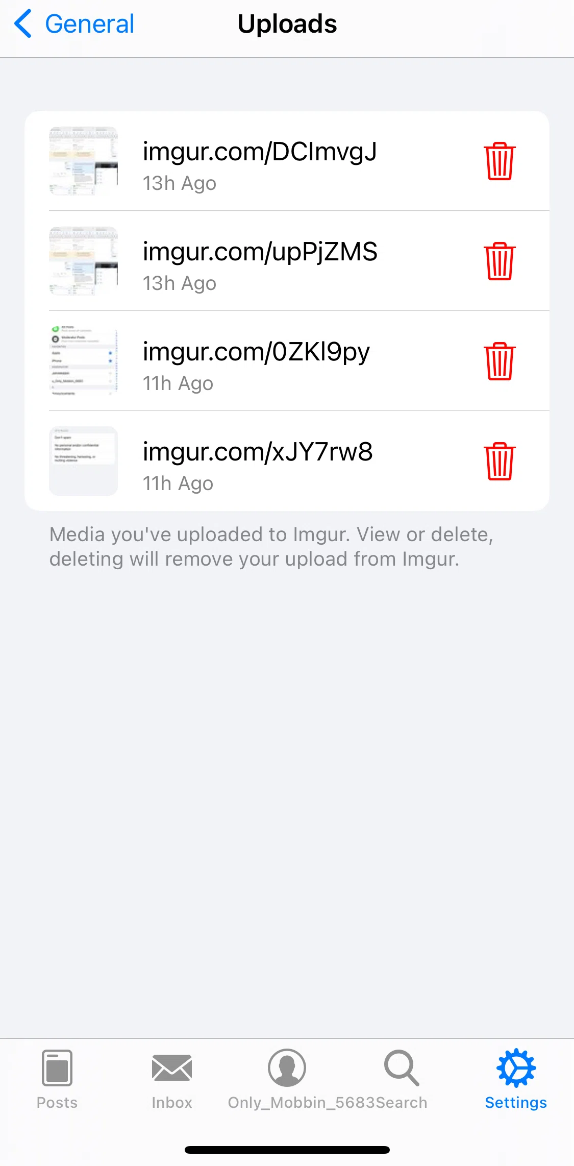Apollo for Reddit Screen screen in the Deleting an upload flow