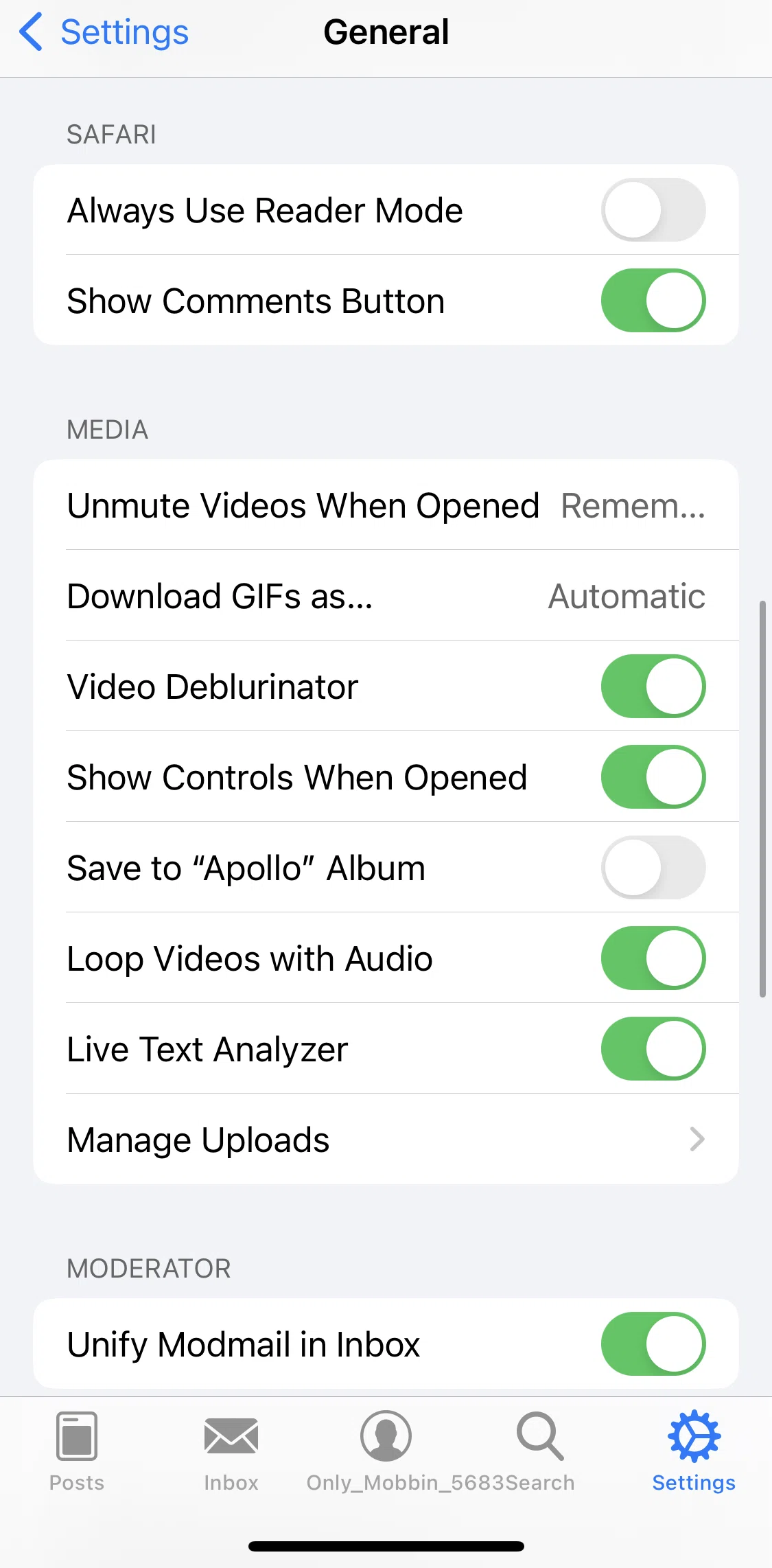 Apollo for Reddit Screen screen in the Manage uploads flow