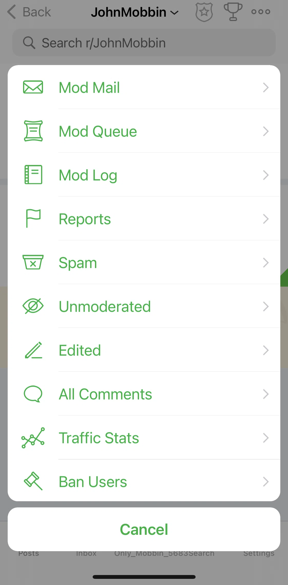 Apollo for Reddit Screen screen in the Modmail flow