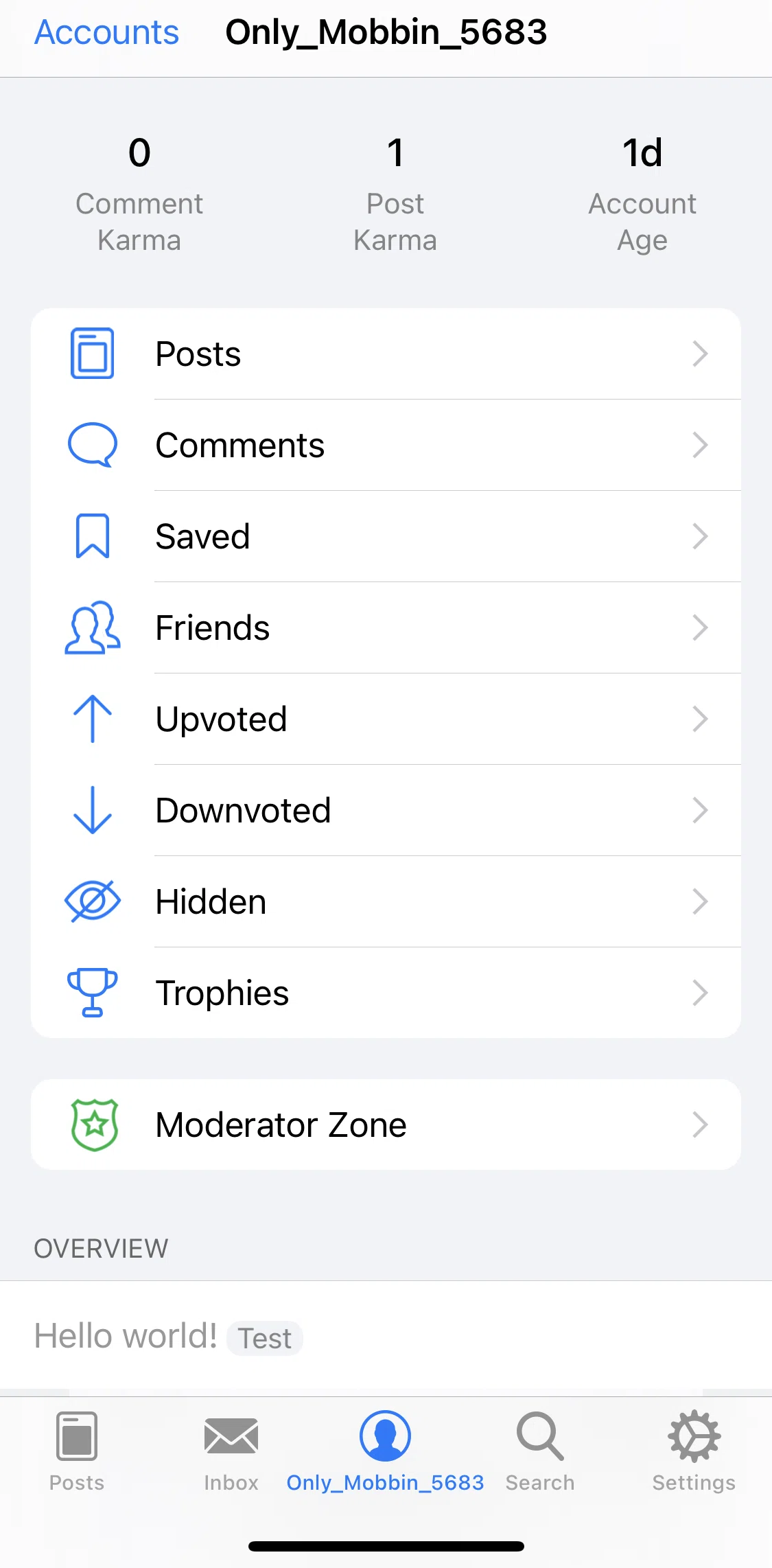Apollo for Reddit Screen screen in the My posts flow