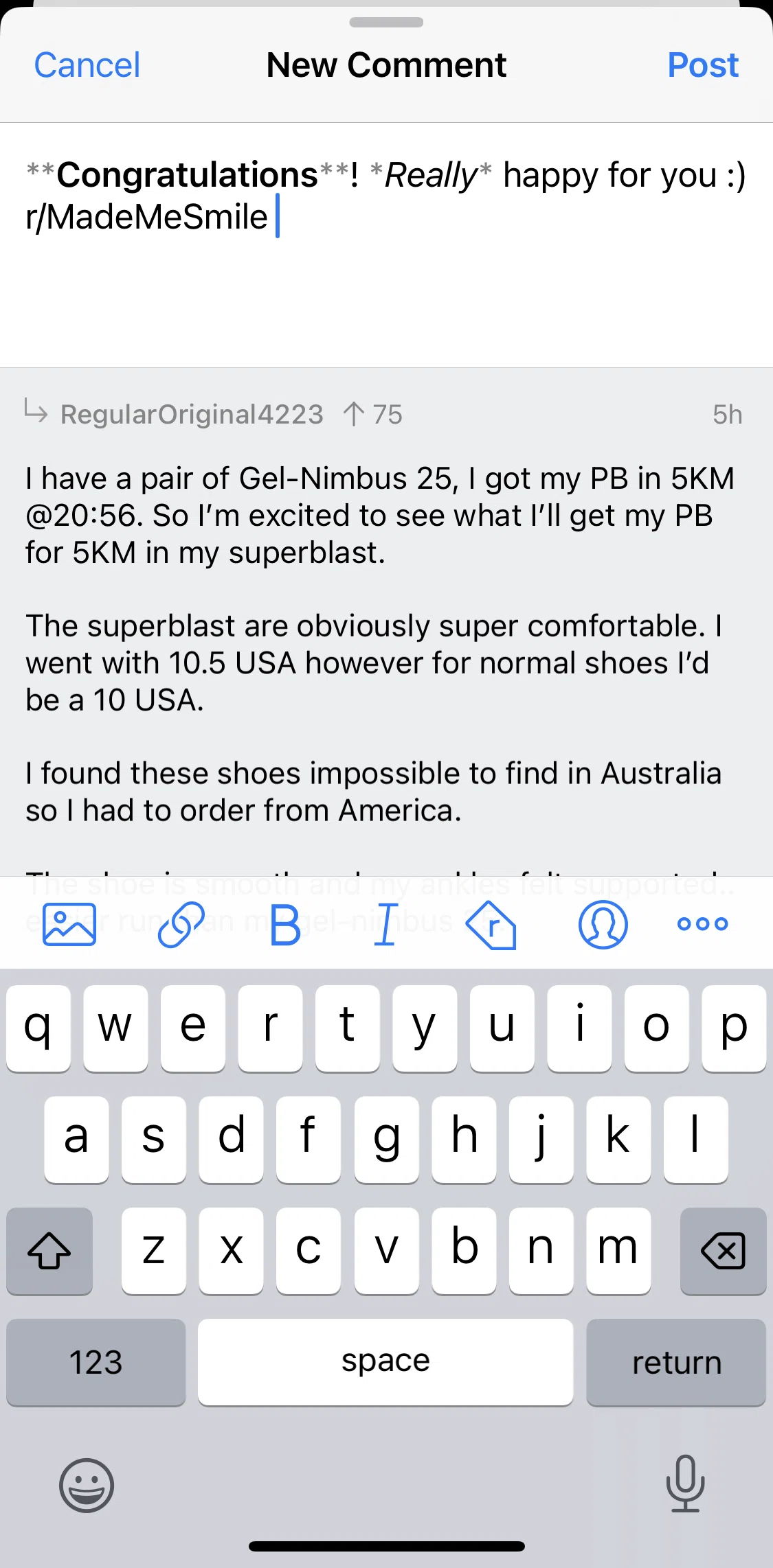 Apollo for Reddit Screen screen in the Previewing a comment flow