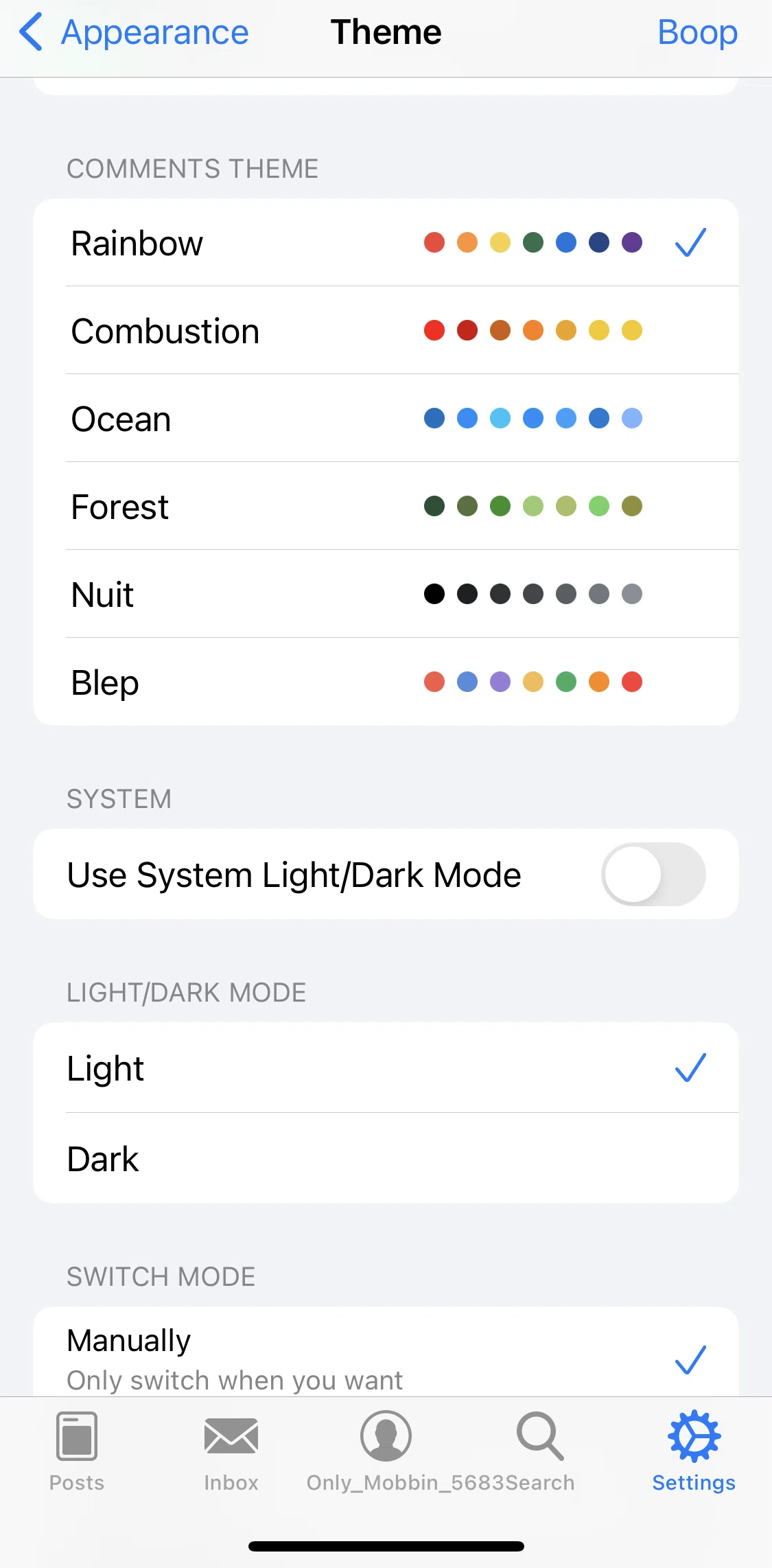 Apollo for Reddit Screen screen in the Switching to dark mode flow