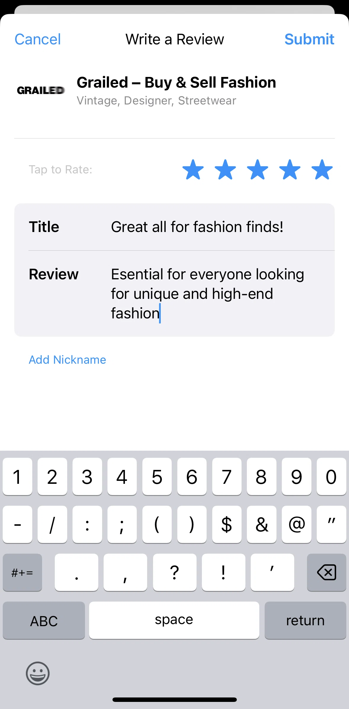 App Store Screen screen in the Adding a nickname flow