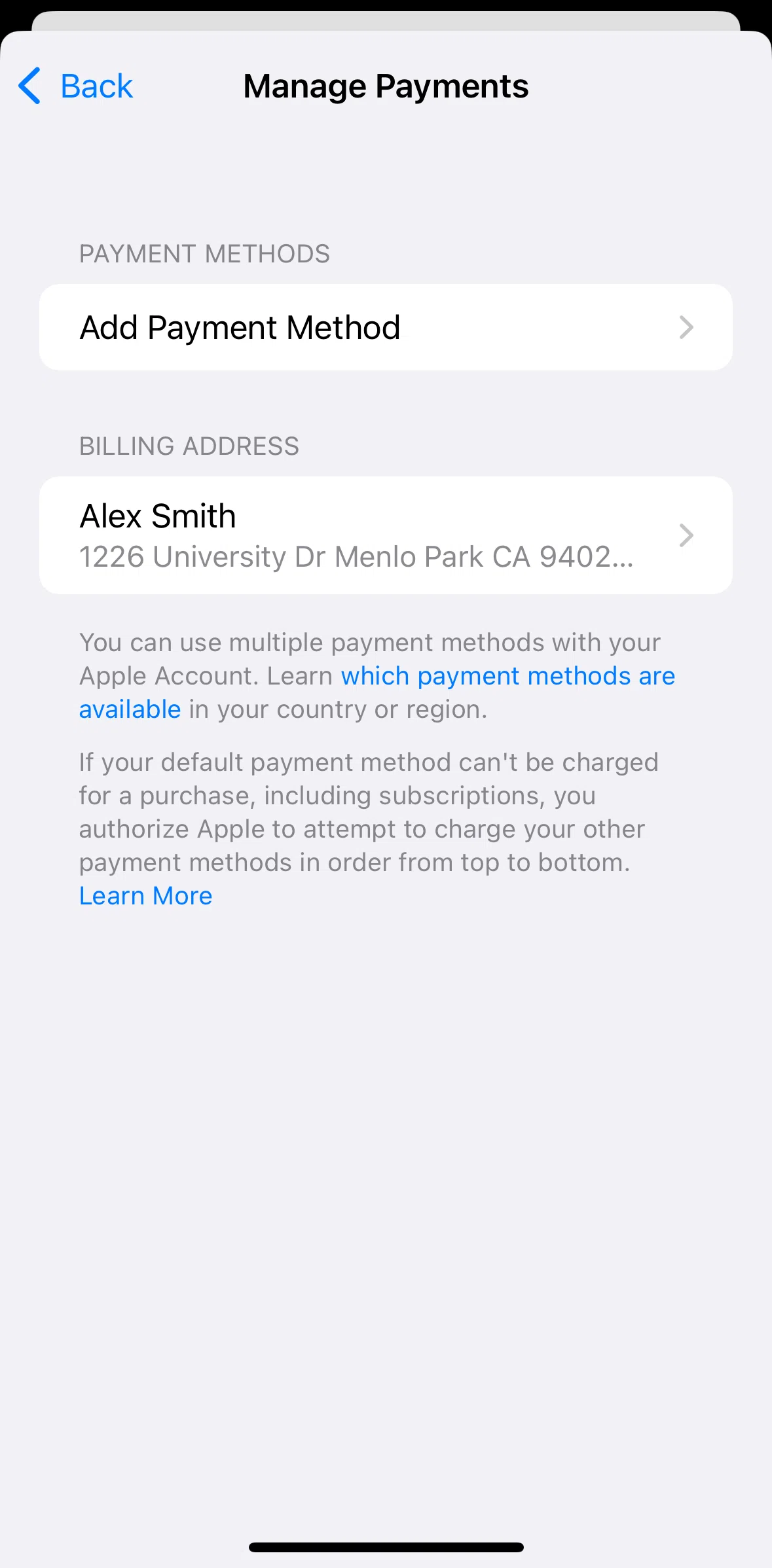 App Store Screen screen in the Adding a payment method (Settings) flow