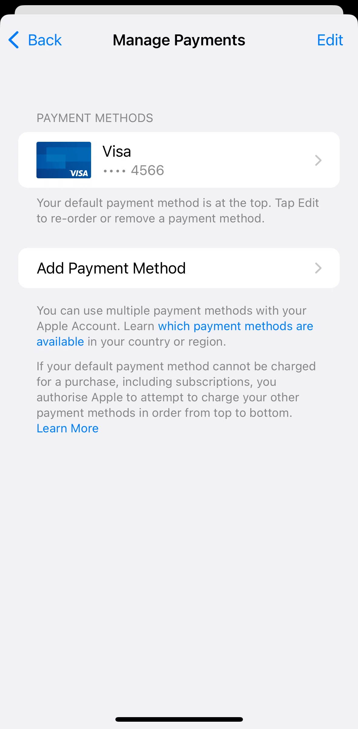 App Store Screen screen in the Editing a payment method flow