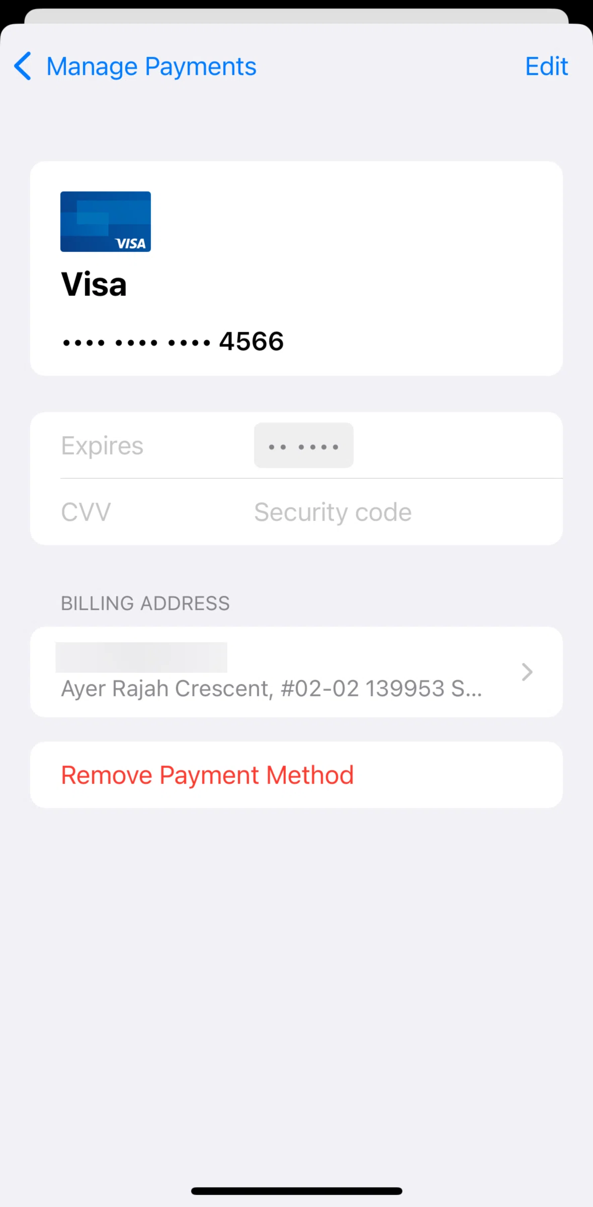 App Store Screen screen in the Removing a payment method flow