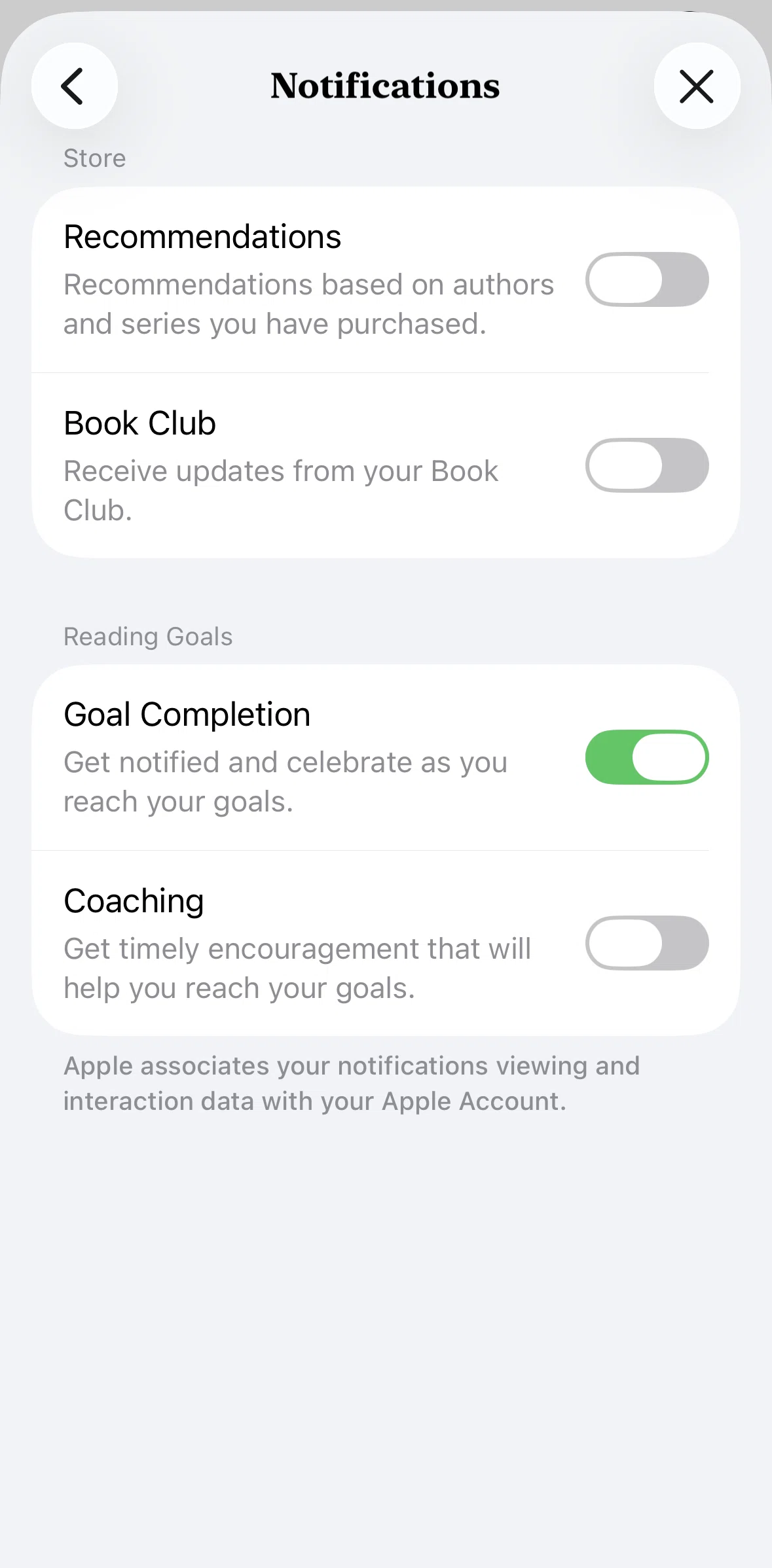 Apple Books Screen screen in the Changing notification settings flow