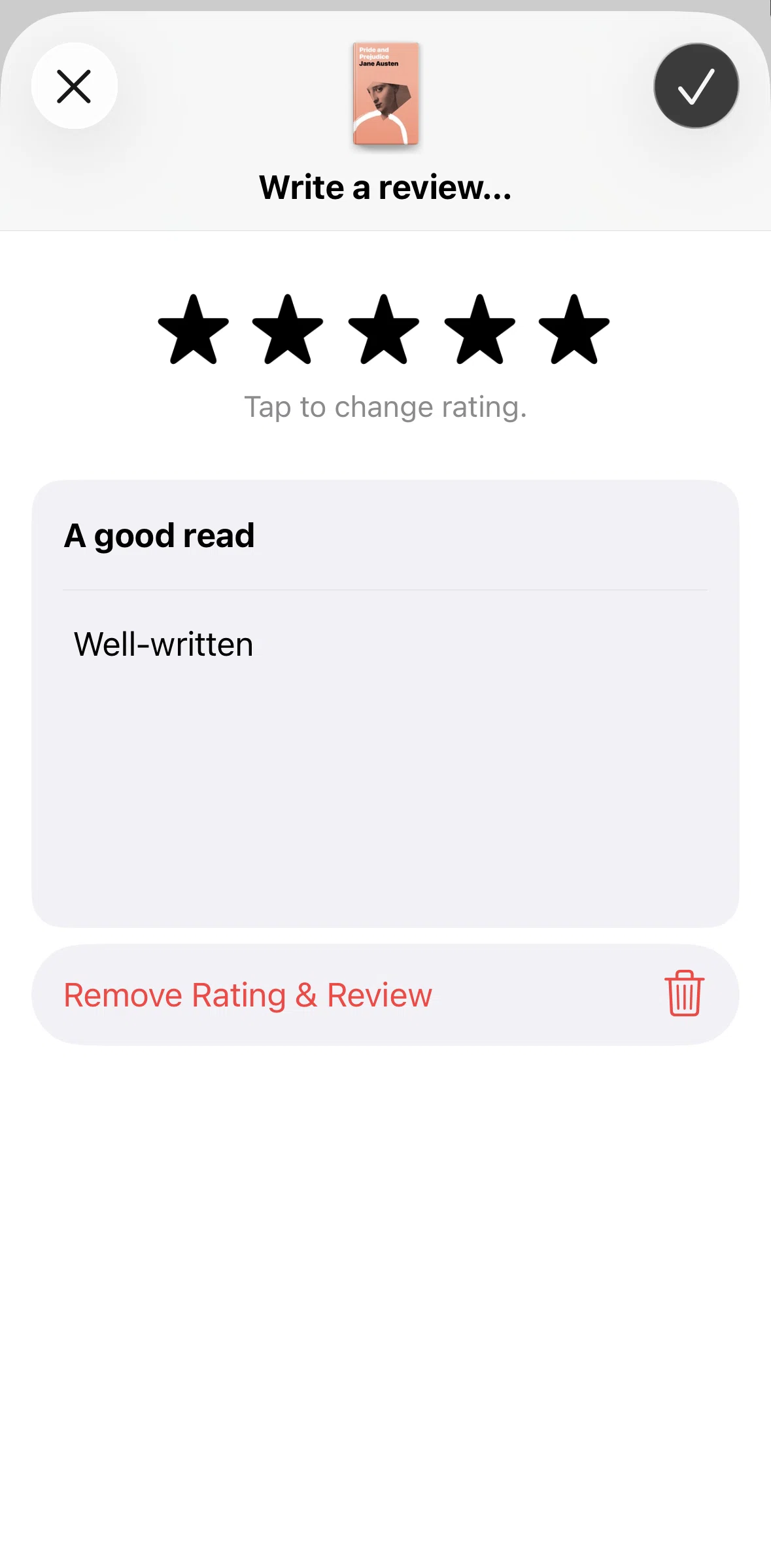 Apple Books Screen screen in the Removing a rating flow
