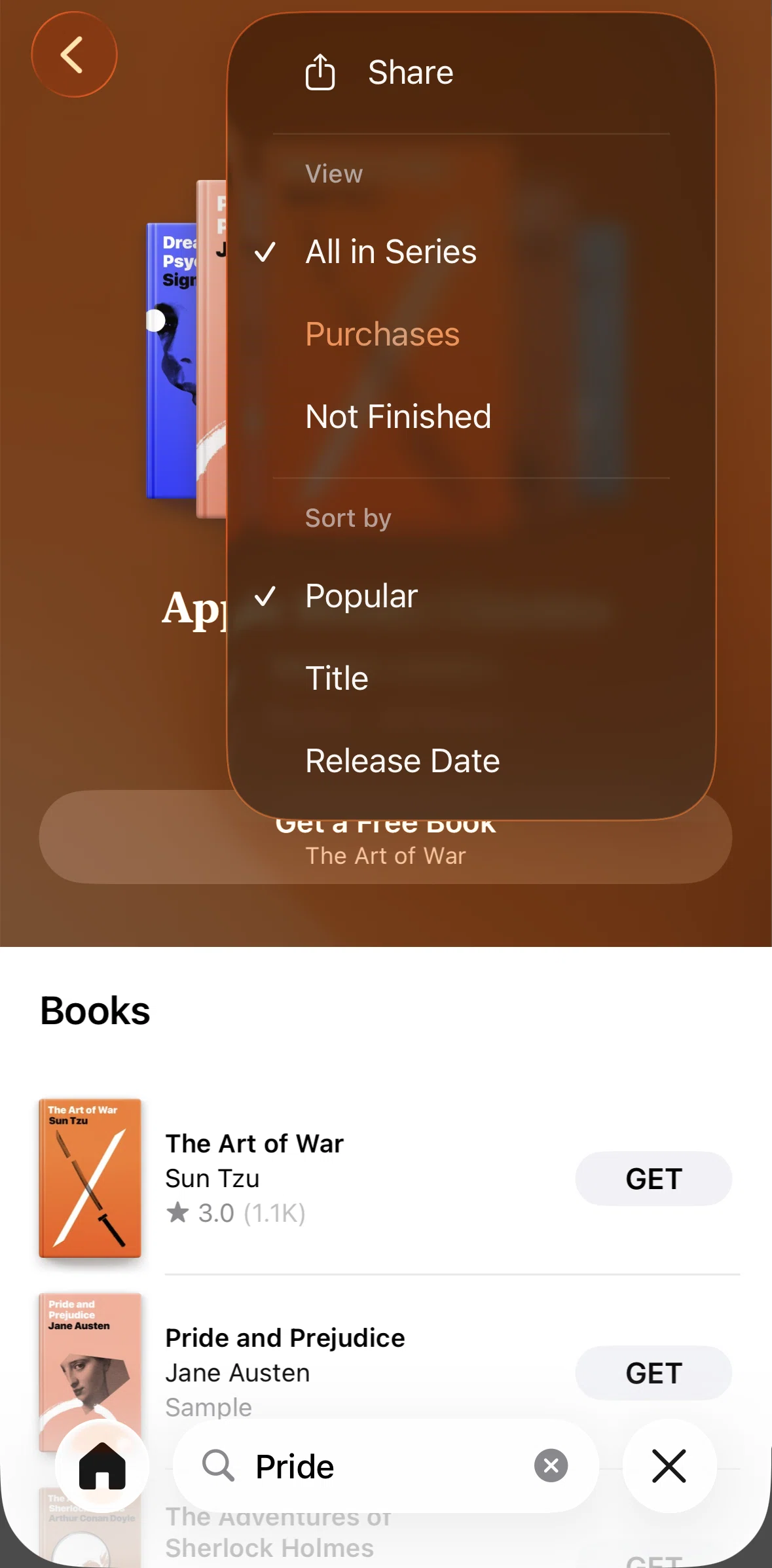 Apple Books Screen screen in the Sorting books flow