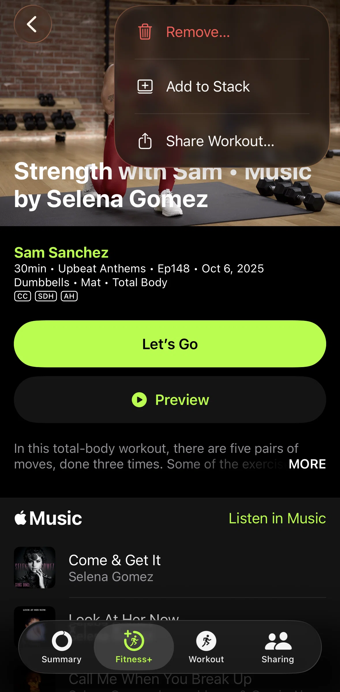 Apple Fitness Screen screen in the Adding a workout to stack flow