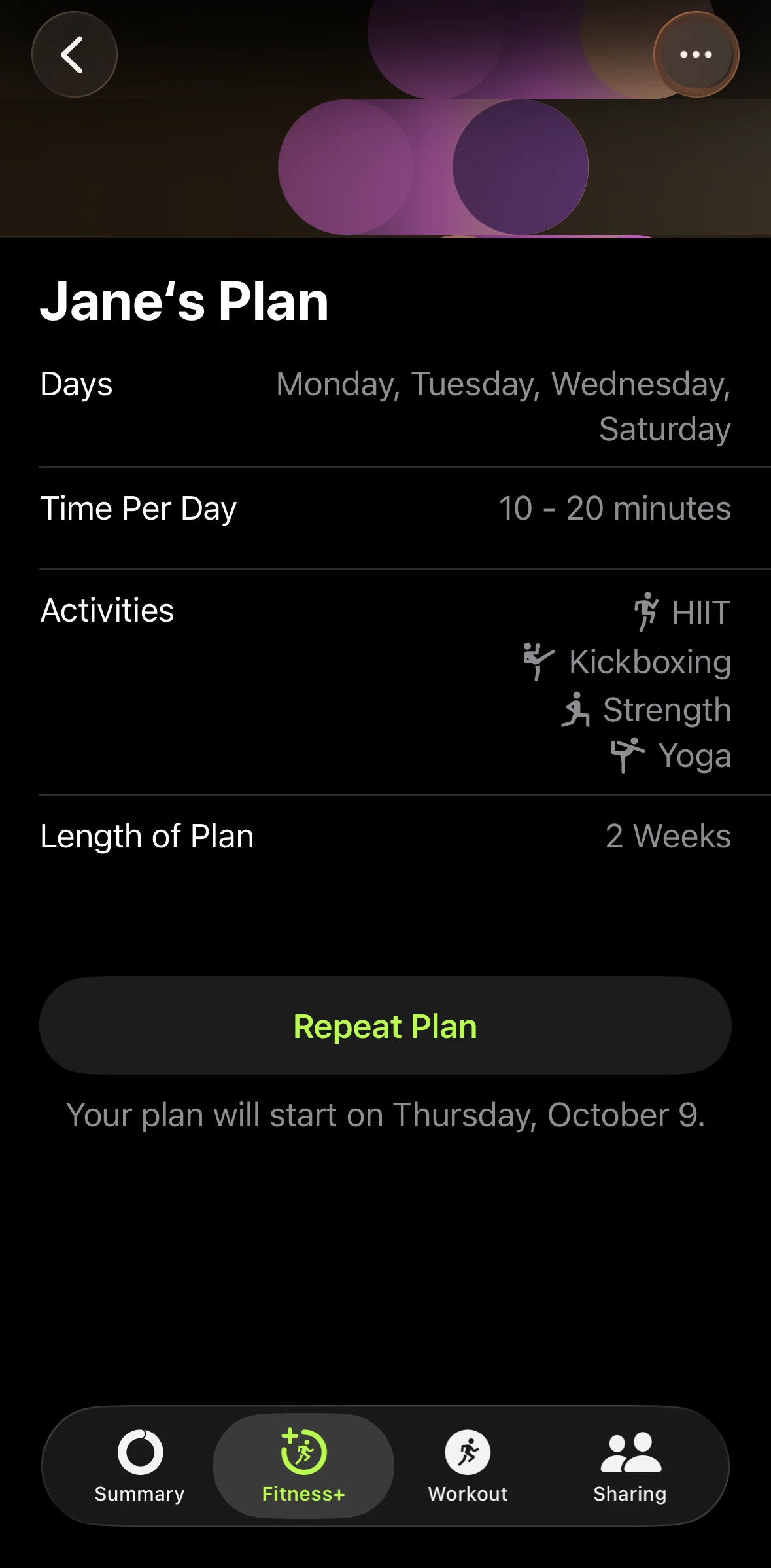 Apple Fitness Screen screen in the Repeating a plan flow