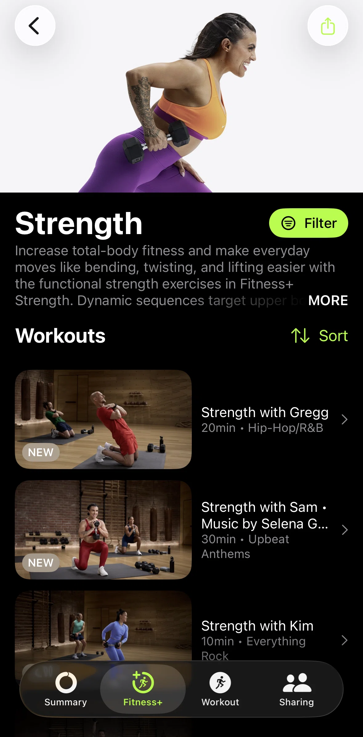 Apple Fitness Screen screen in the Sorting workouts flow