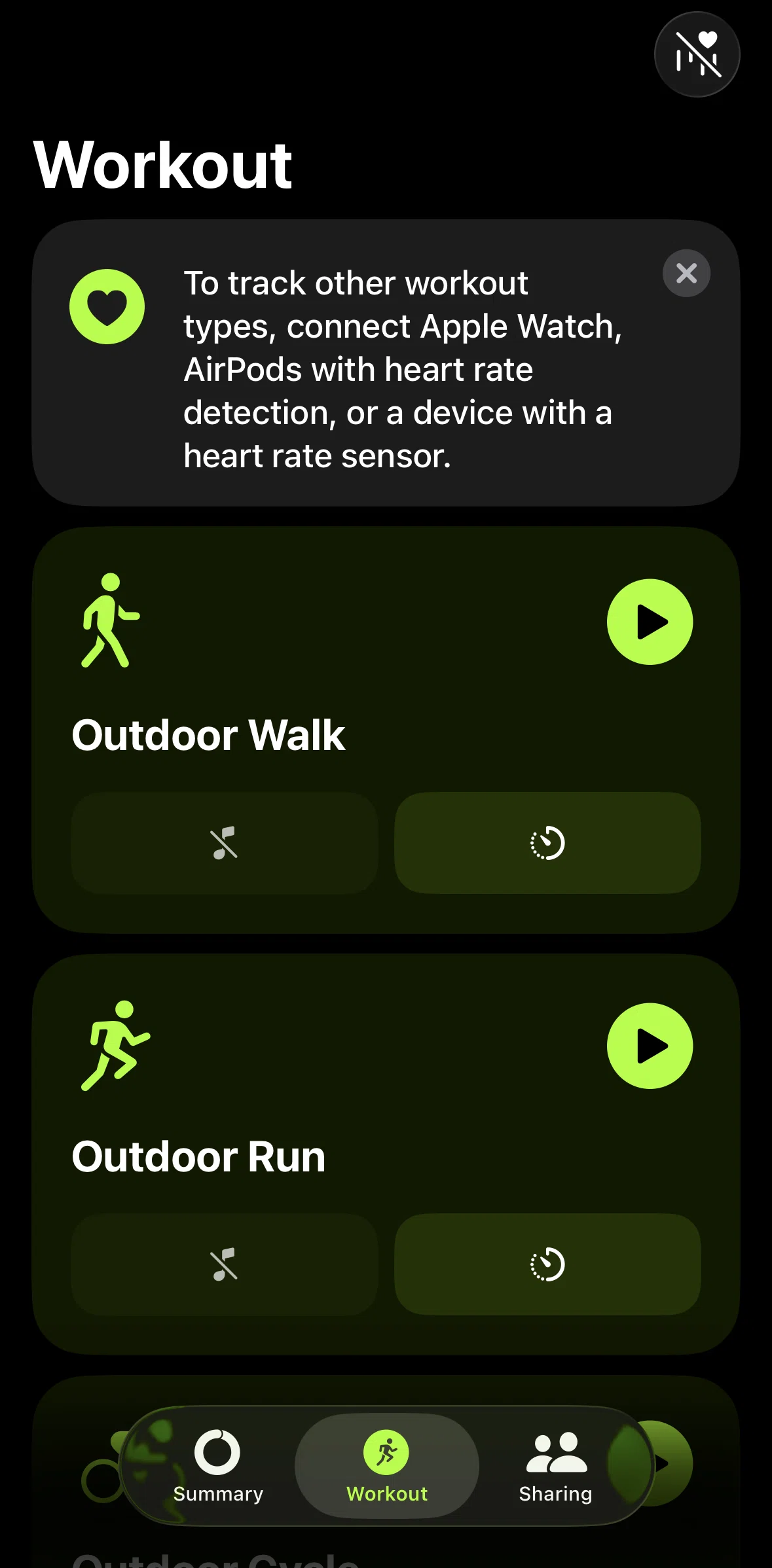 Apple Fitness Screen screen in the Starting a workout flow