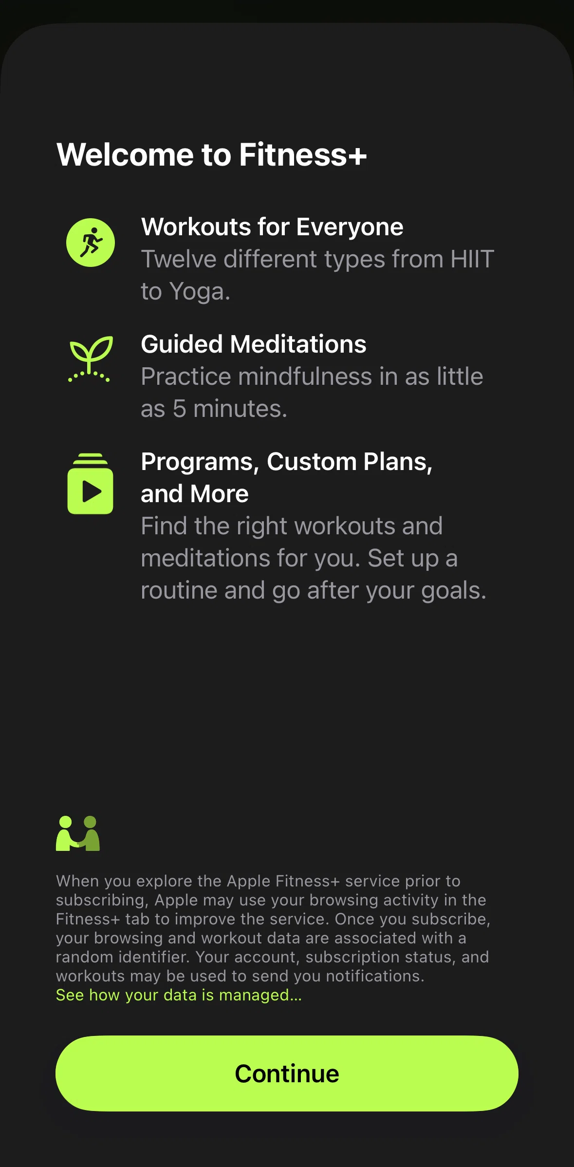Apple Fitness Screen screen in the Subscribing to Fitness+ flow