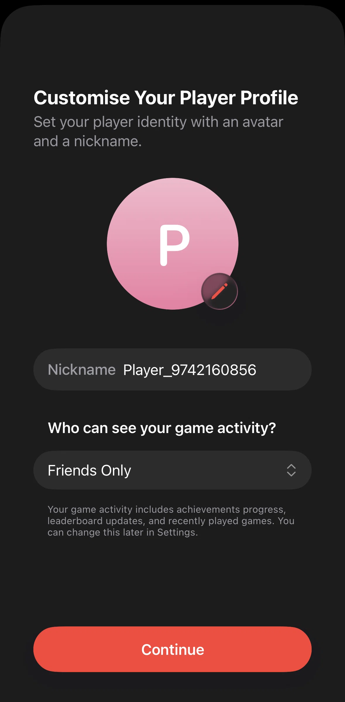 Apple Games Screen screen in the Changing profile picture flow