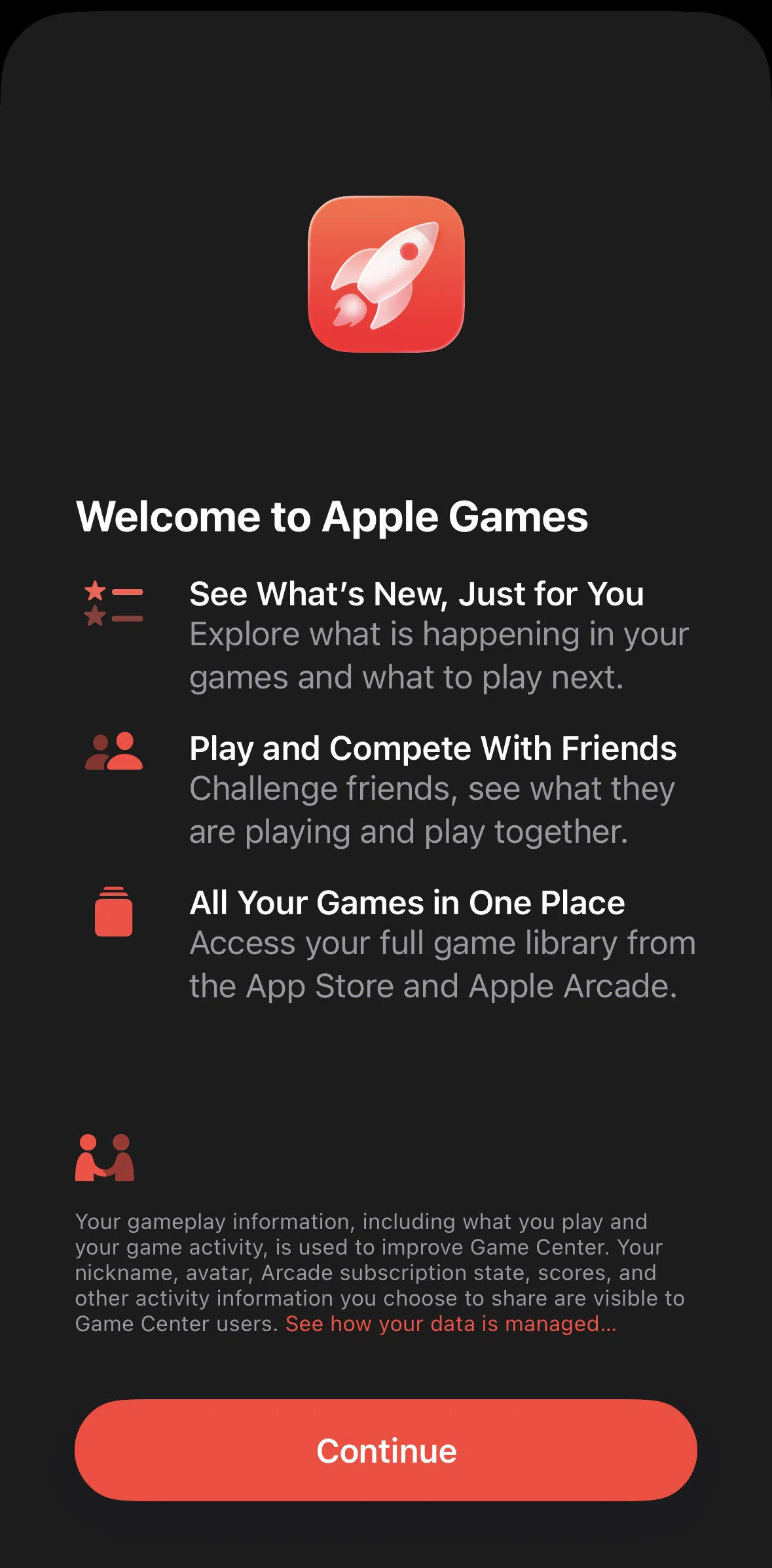 Apple Games Screen screen in the Onboarding flow