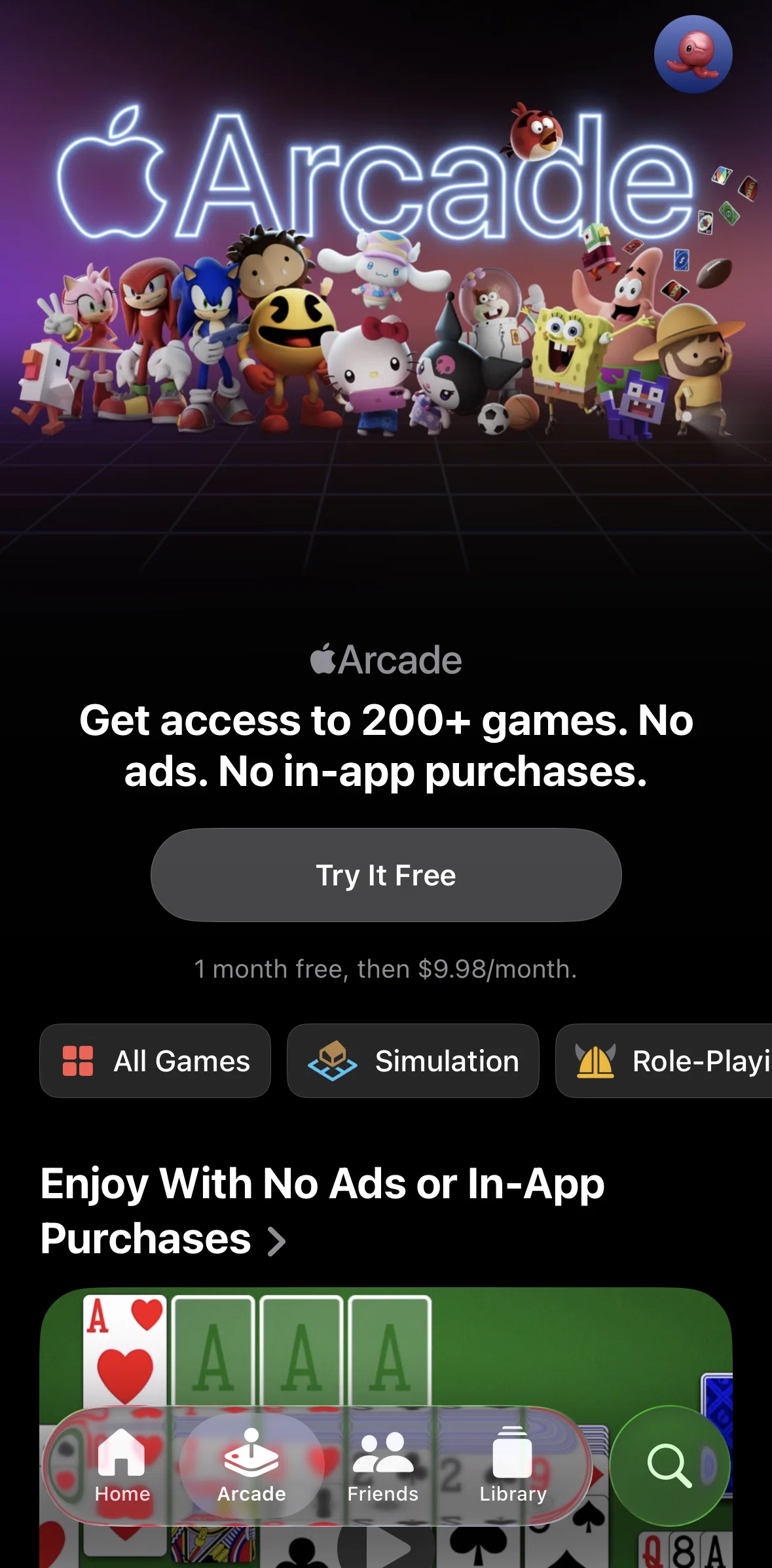Apple Games Screen screen in the Subscribing to Apple Arcade flow