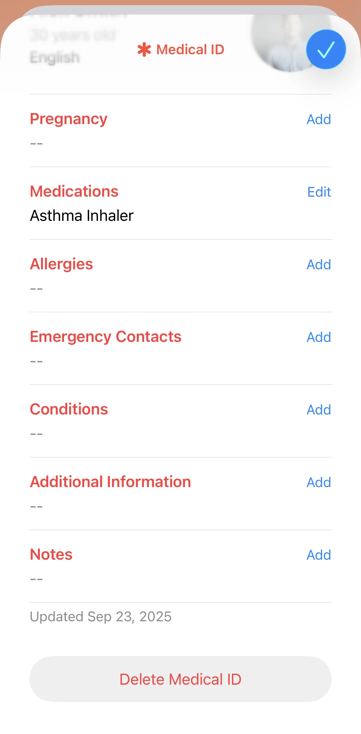 Apple Health Screen screen in the Deleting Medical ID flow