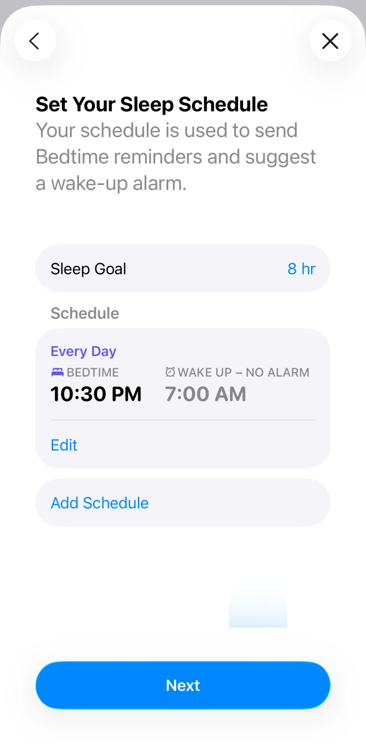 Apple Health Screen screen in the Editing a sleep schedule flow