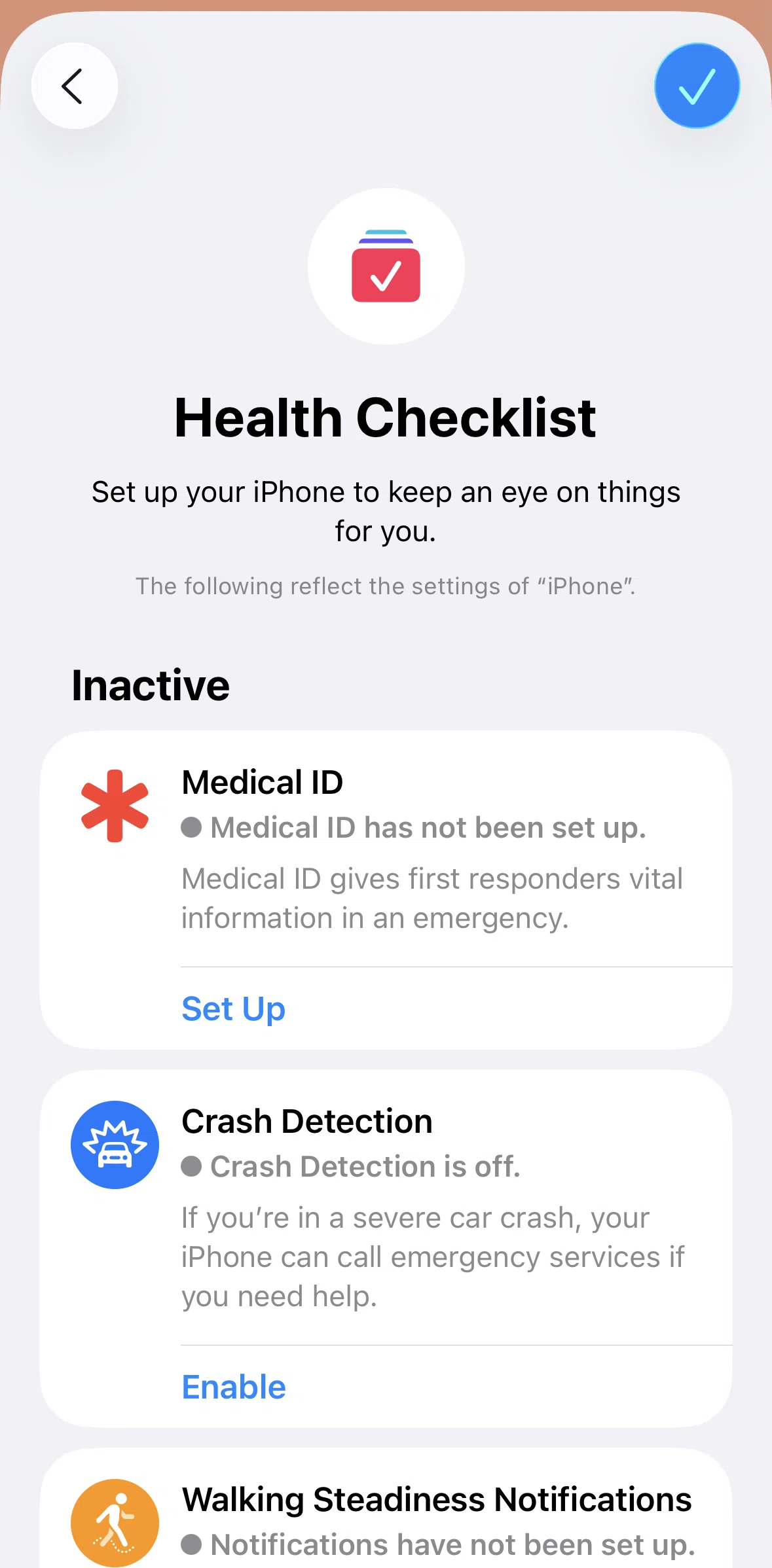 Apple Health Screen screen in the Enabling a crash detection flow