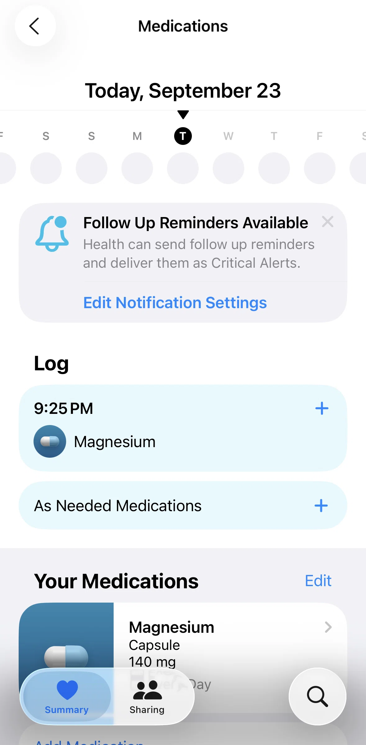 Apple Health Screen screen in the Logging a medication flow