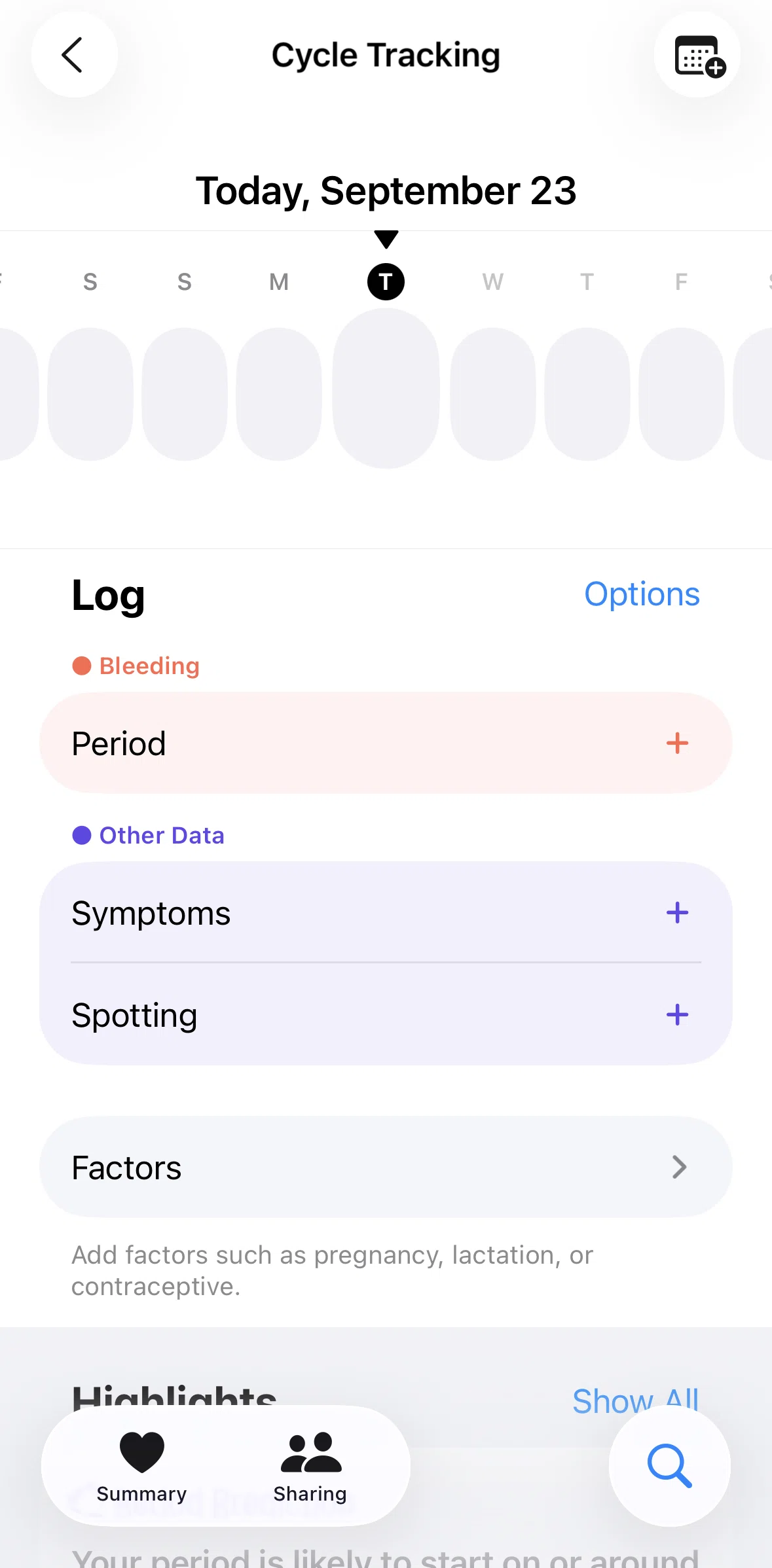 Apple Health Screen screen in the Logging a period flow