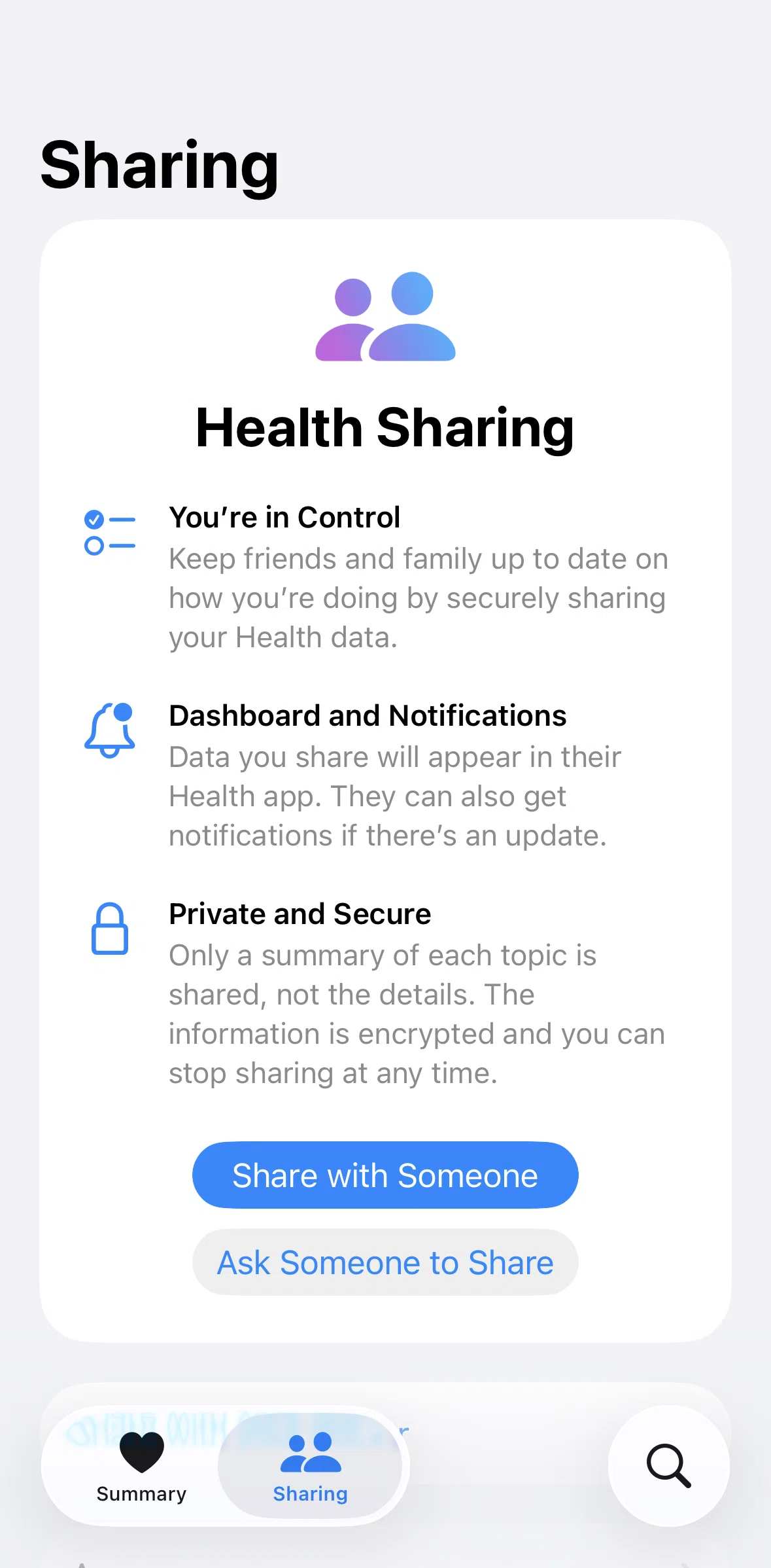 Apple Health Screen screen in the Share with someone flow