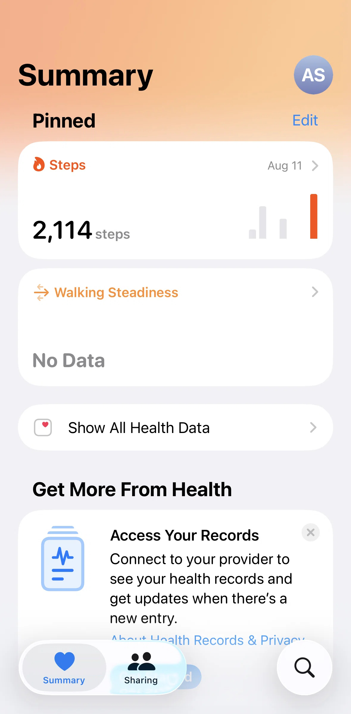 Apple Health Screen screen in the Sharing flow