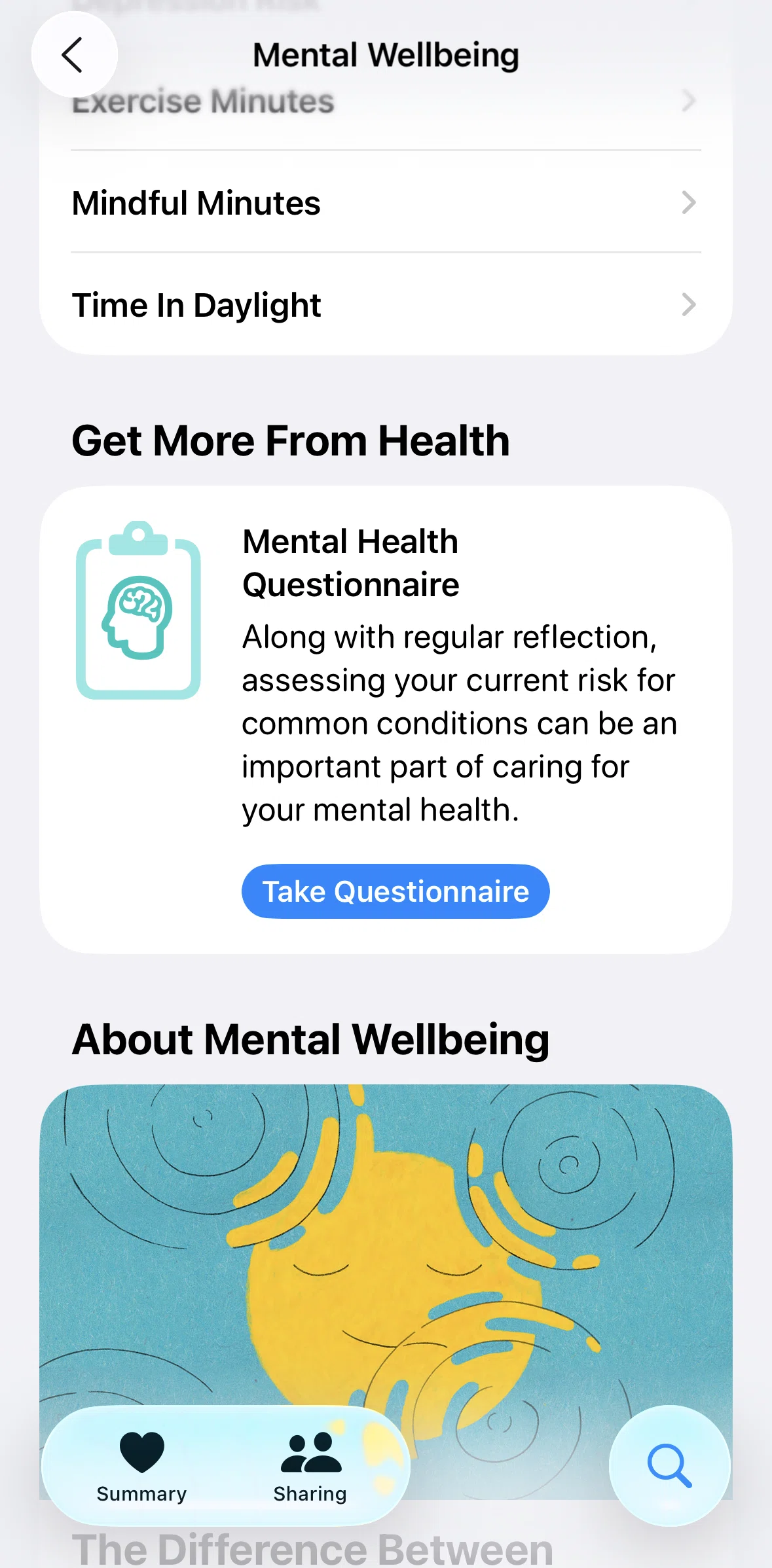 Apple Health Screen screen in the Taking a mental health questionnaire flow