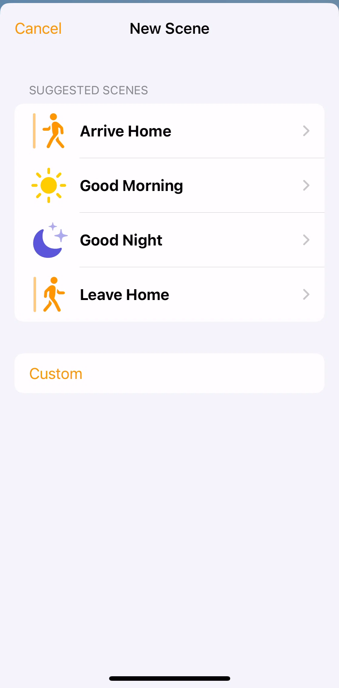 Apple Home Screen screen in the Adding a new scene (custom) flow
