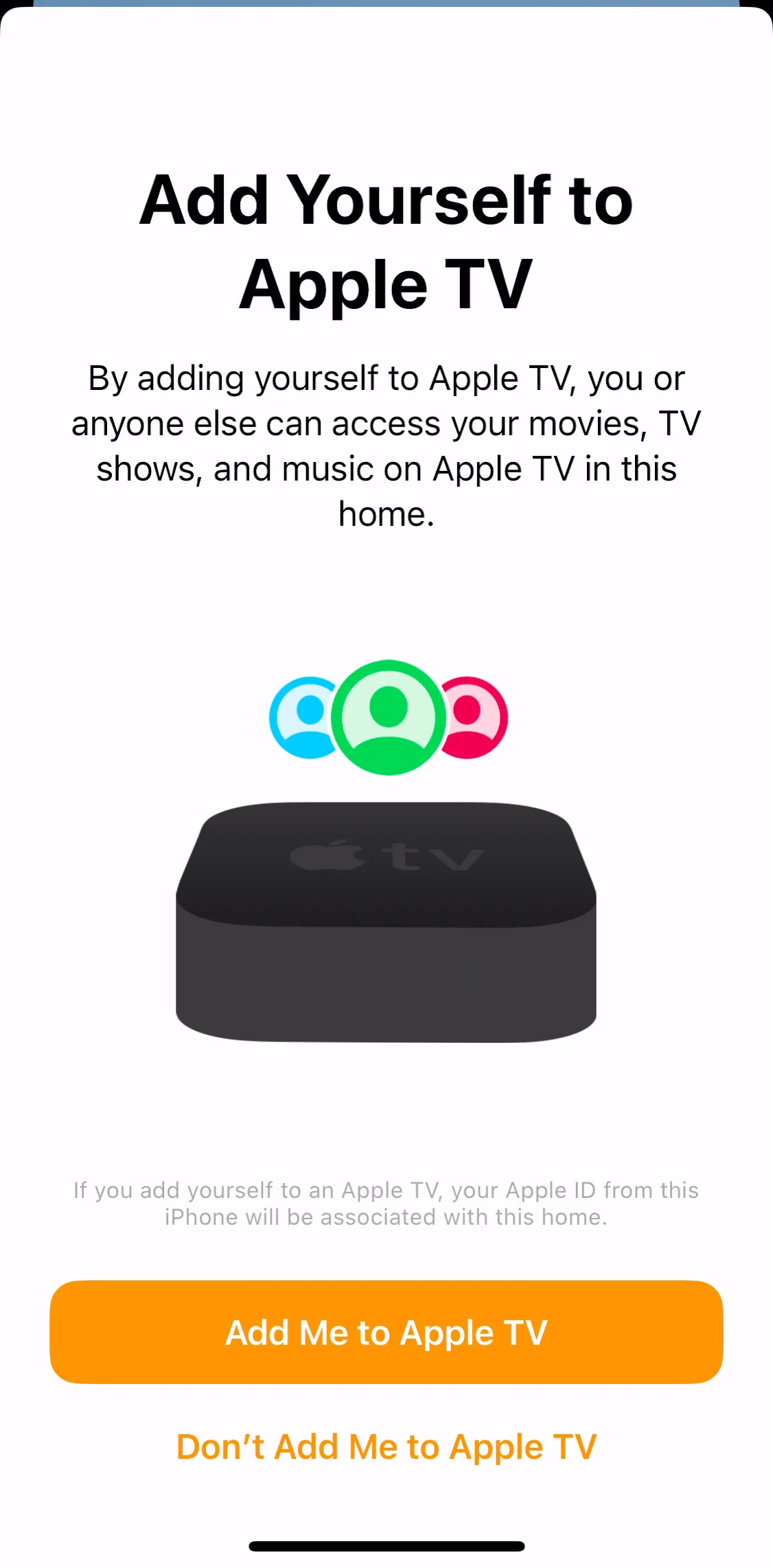Apple Home Screen screen in the Connecting an Apple TV flow