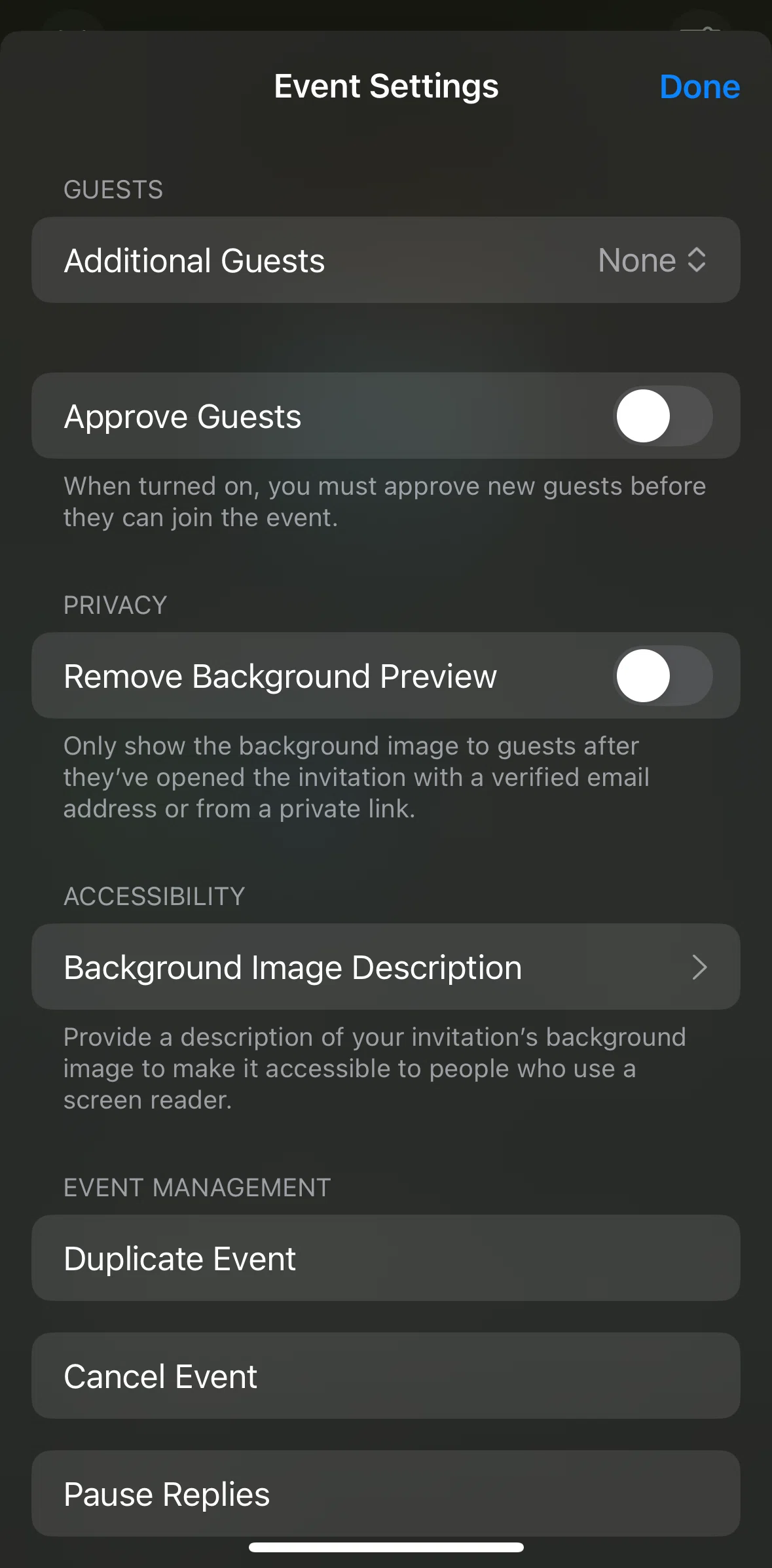 Apple Invites Screen screen in the Customizing event settings flow