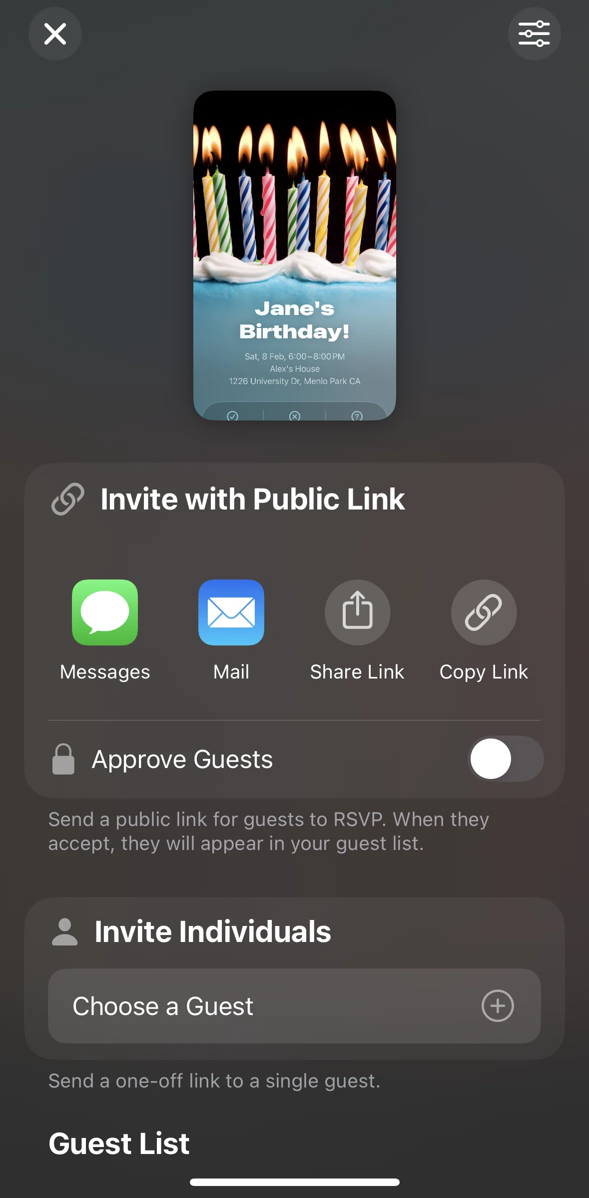 Apple Invites Screen screen in the Event settings flow