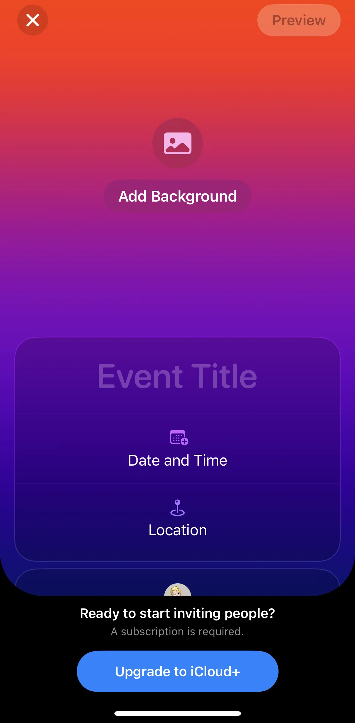 Apple Invites Screen screen in the Upgrading to iCloud+ flow